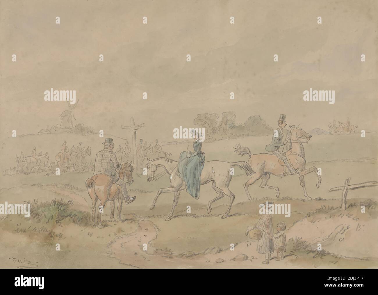 You're not going to Follow, Belle, are you?', Hablot Knight Browne, 1815–1882, britisch, undatiert, Graphit, Aquarell und weiße Gouache auf mäßig dickem, leicht strukturiertem, grauem, gewelltem Papier, Halterung: 16 × 21 15/16 Zoll (40.6 × 55.7 cm), Zeitgenössische gezeichnete Bordüre: 11 1/2 × 15 13/16 Zoll (29.2 × 40.2 cm), und Blatt: 10 9/16 × 14 7/8 Zoll (26.8 × 37.8 cm), Karikatur, Kind, Zaun, Felder, Hügel, Reiter, Reiten, Pferde (Tiere), Jagd, Jäger, Jagd, Landschaft, Männer, Weg, Straße, Sportkunst, Bäume, Frauen Stockfoto