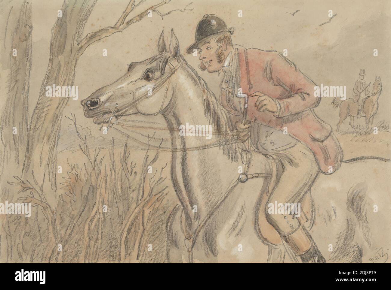 Hark': Startled Horse and Alert Rider, Hablot Knight Browne, 1815–1882, britisch, undatiert, Graphit, Aquarell und weiße Gouache auf mittlerem, leicht strukturiertem, grauem Wove-Papier, Contemporary Drawn Border: 8 1/4 × 11 5/8 inches (21 × 29.5 cm) und Sheet: 7 1/4 × 10 3/4 Zoll (18.4 × 27.3 cm), Vögel, Karikatur, Gras, Reiter, Reiten, Pferde (Tiere), Jagd, Jäger, Jagd, Männer, Sportkunst, Bäume, Wälder Stockfoto