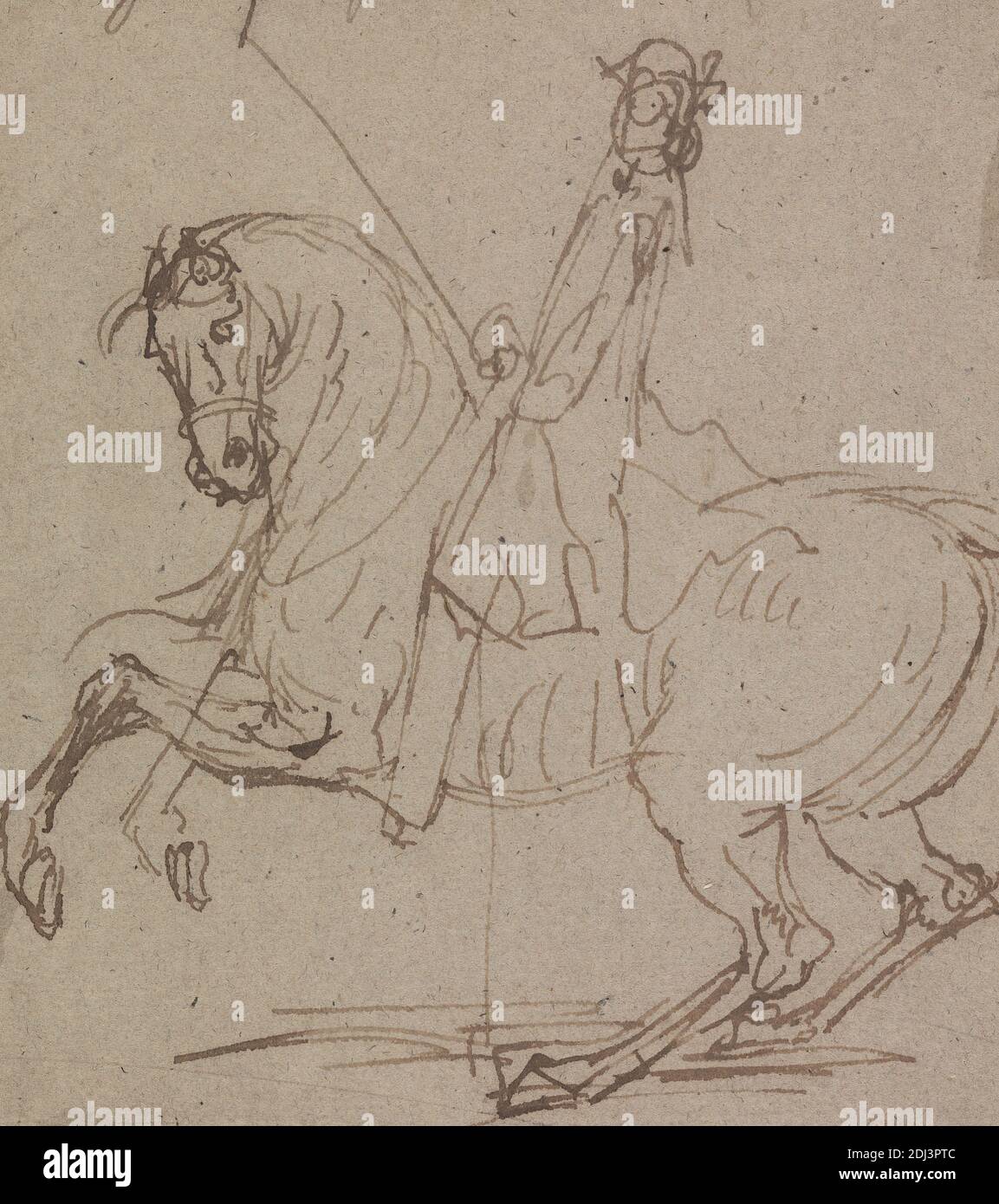 The Gallop with Left Leg:'Graved as Plate 15 in 'Twenty Five Actions of the Manage Horse...', John Vanderbank, 1694–1739, British, 1729, Pen, in brauner Tinte auf Medium, mäßig strukturiert, braun, getupftes Papier, Blatt: 6 5/8 × 5 15/16 Zoll (16.8 × 15.1 cm), Tierkunst, Figurenstudie, Genrefach, Pferd (Tier), Reiter, Reiten, Mann Stockfoto