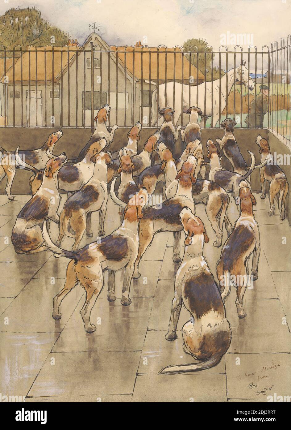 The Hounds started Suddenly to Howl in Chorus', Cecil Charles Windsor Aldin, 1870–1935, britisch, undatiert, Aquarell, Feder und schwarze Tinte, Graphit und Gouache auf Medium, leicht strukturiert, beige, gewobene Papier, Blatt: 11 7/16 × 8 1/2 Zoll (29.1 × 21.6 cm) und Bild: 10 13/16 × 7 7/8 Zoll (27.5 × 20 cm), Tierkunst Stockfoto