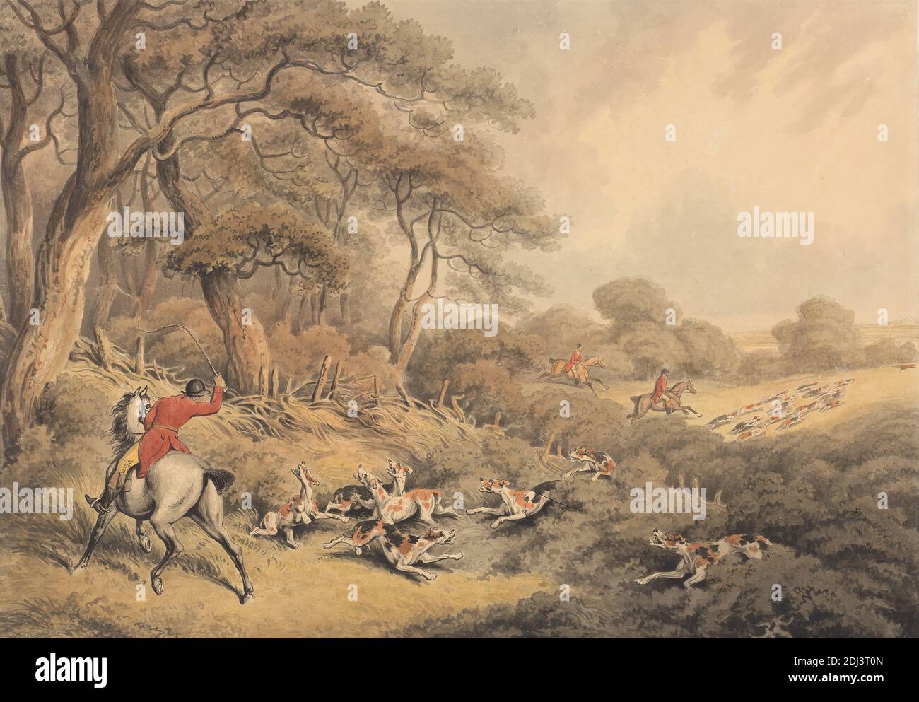 Foxhunting: Stopphunde, die sich verändert haben, Samuel Howitt, 1756–1822, britisch, undatiert, Aquarell, Feder und schwarze Tinte, graue Tinte und Graphit auf mäßig dickem, mäßig strukturiertem, cremefarbenem, gewobenen Papier, Blatt: 12 1/2 × 17 7/8 cm (× 31.8 45.4 Zoll) Stockfoto