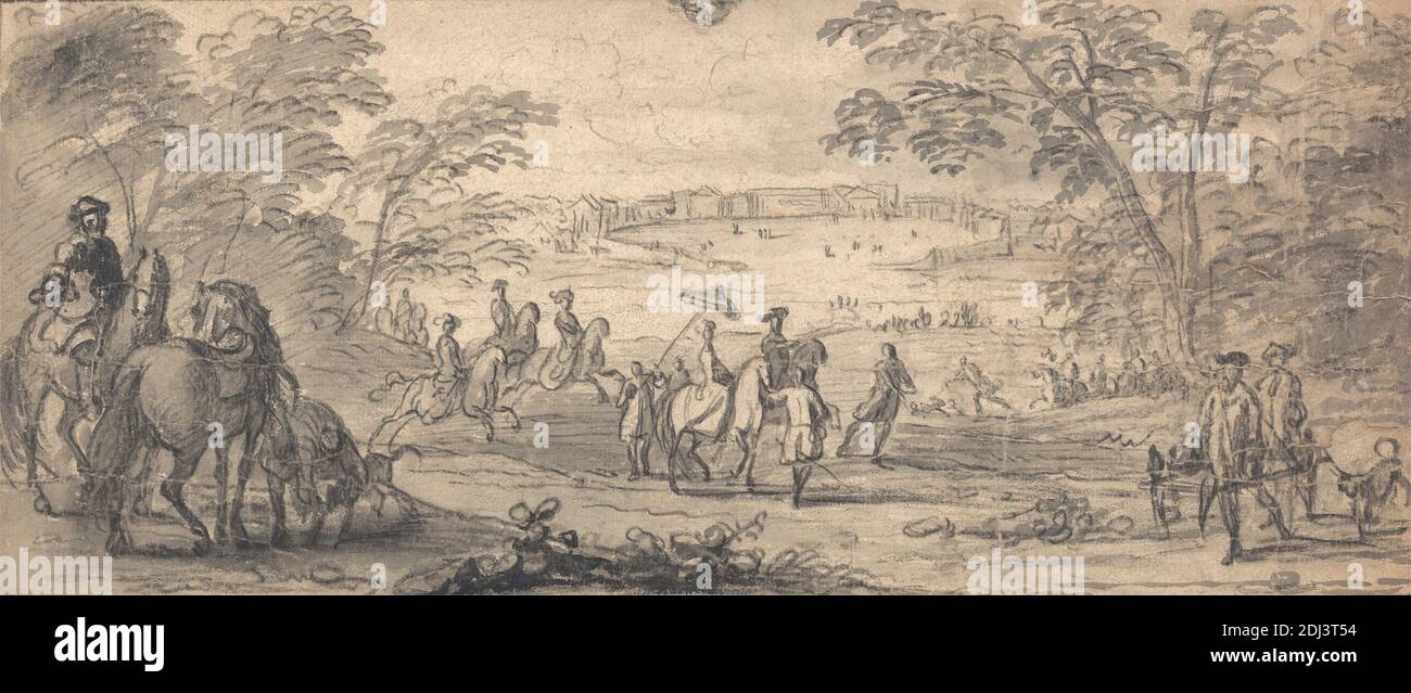 Eine Jagdparty, Jan Wyck, ca. 1645–1700, niederländisch, in Großbritannien tätig (ab ca. 1664), undatiert, schwarze Kreide und graue Wäsche auf Medium, mäßig strukturiert, beige, Papier gelegt, Halterung: 16 × 21 15/16 Zoll (40.6 × 55.7 cm), Zeitgenössische gezeichnete Grenze: 6 13/16 × 15 Zoll (17.3 × 38.1 cm), und Blatt: 6 1/8 × 14 3/8 Zoll (15.6 × 36.5 cm), Hund (Tier), Figuren (Darstellungen), Reiter, Reiten, Pferde (Tiere), Jäger, Jagd, Landschaft, Männer, Party, Sportkunst, Bäume Stockfoto