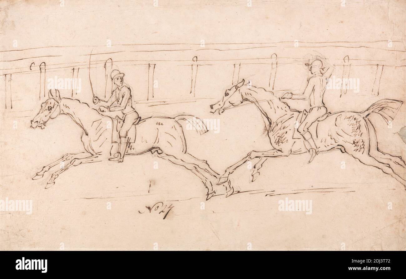 Two Horses Racing, Jockeys Up: Relings in the Background, James Seymour, 1702–1752, britisch, undatiert, Pen, in brauner Tinte und Graphit auf Medium, mäßig strukturiert, beige, gegossene Papiere, Blatt: 8 × 12 13/16 Zoll (20.3 × 32.5 cm), Figurenstudie, Galoppieren, Pferderennen, Pferde (Tiere), Jockeys, Männer, Rennen (Veranstaltung), Rennstrecke, Geländer, Sportkunst, Peitschen (Tierausrüstung Stockfoto
