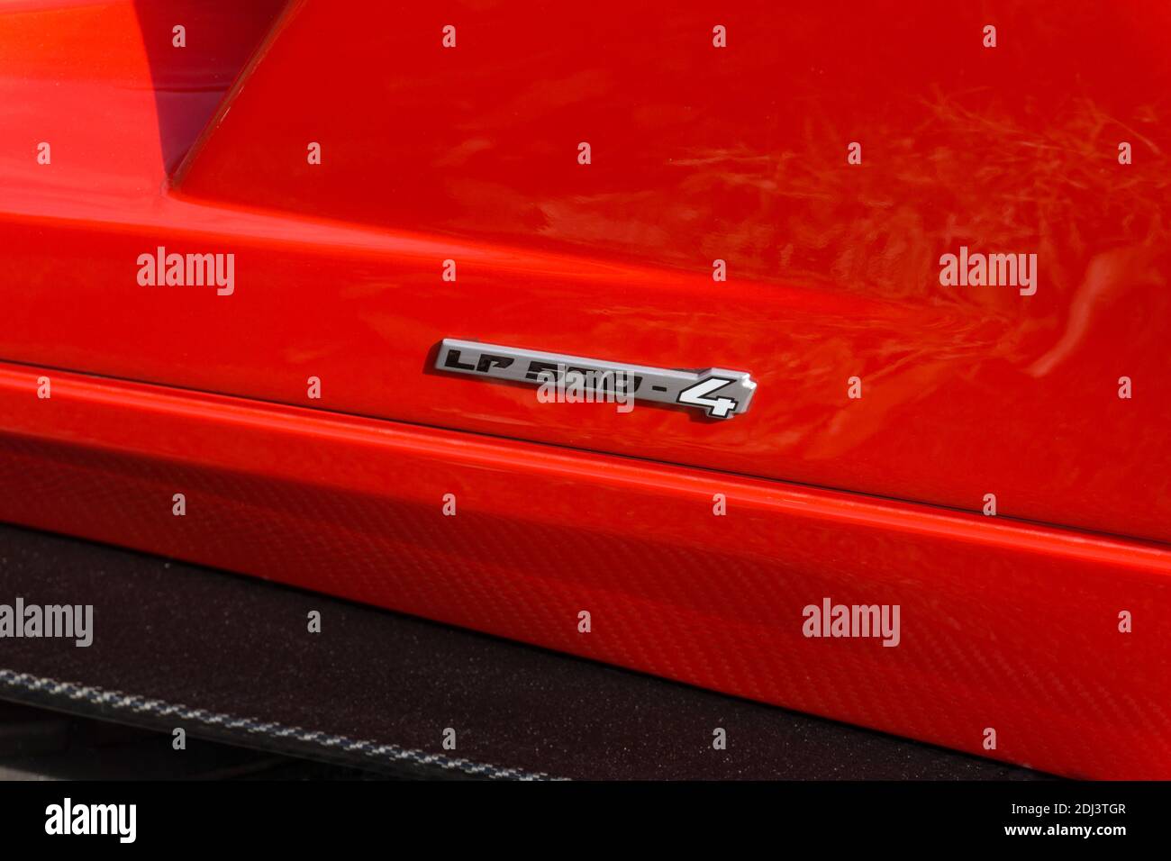 Nahaufnahme Detail des Modells Abzeichen auf der Seite Von einem Rosso Mars roten Lamborghini Gallardo LP 570-4 Super Trofeo Stradale Stockfoto