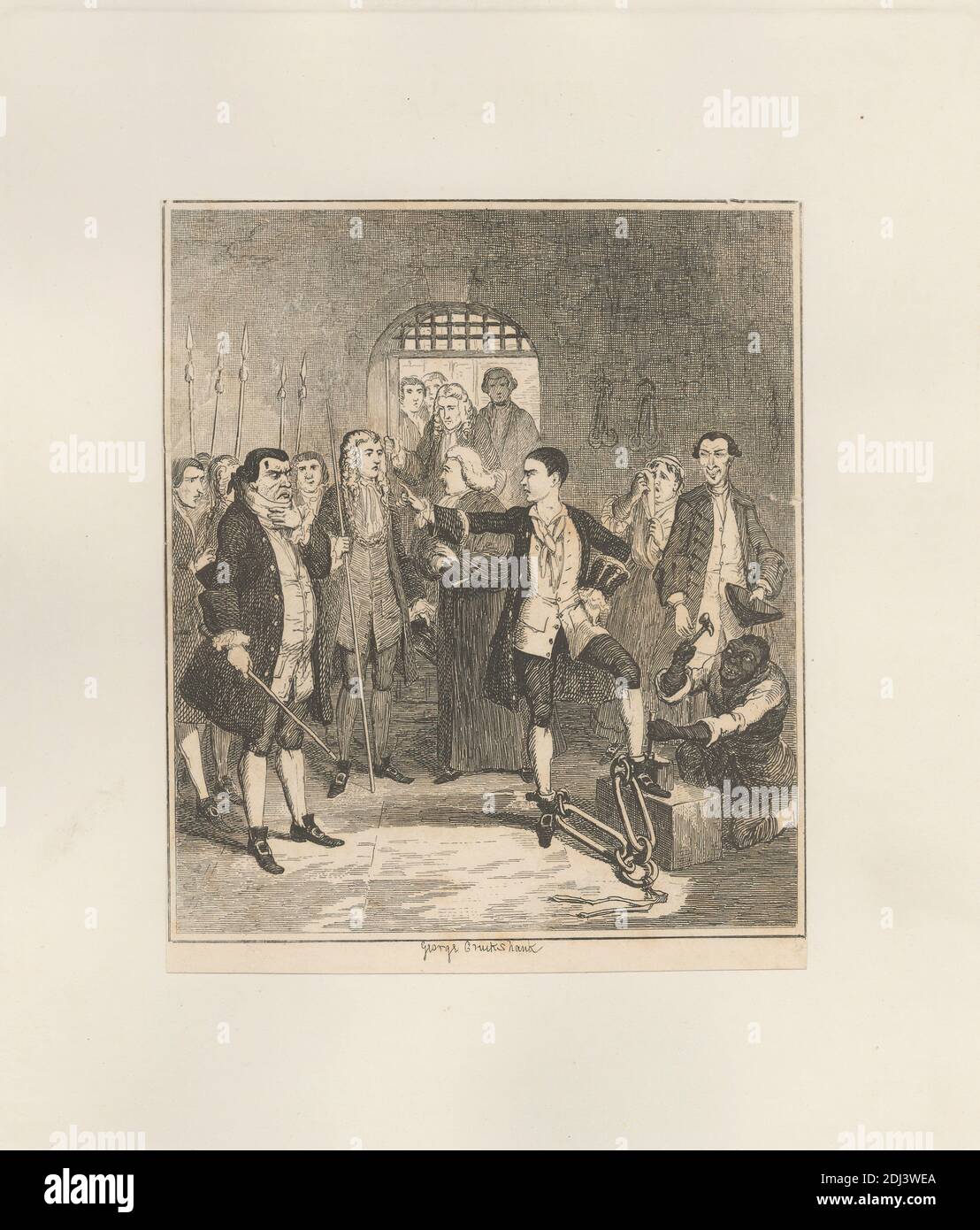 Jack Sheppard's Irons Knocked Off in the Stone Hall at Newgate, Druck gemacht von George Cruikshank, 1792–1878, British, 1839, Radierung auf mäßig dickem, glattem, cremefarbenem Papier mit beigem Chine Collé, Blatt: 8 9/16 x 7 3/16 Zoll (21.7 x 18.3 cm), Platte: 7 1/4 x 6 Zoll (18.4 x 15.3 cm), Blatt: 4 3/4 x 3 15/16 Zoll (12 x 10 cm), und Bild: 4 5/16 x 3 3/4 Zoll (11 x 9.6 cm), Amboss, Ketten, Kapitel 31 - 'die Prozession zu Tyburn', Kriminelle, Menschenmenge, Epoche die dritte: 'The Prison-Breaker.', Freed, Hut, Illustration, Eisen, Jack Sheppard (Roman), Richter, literarisches Thema, Orakel, Männer, Roman Stockfoto