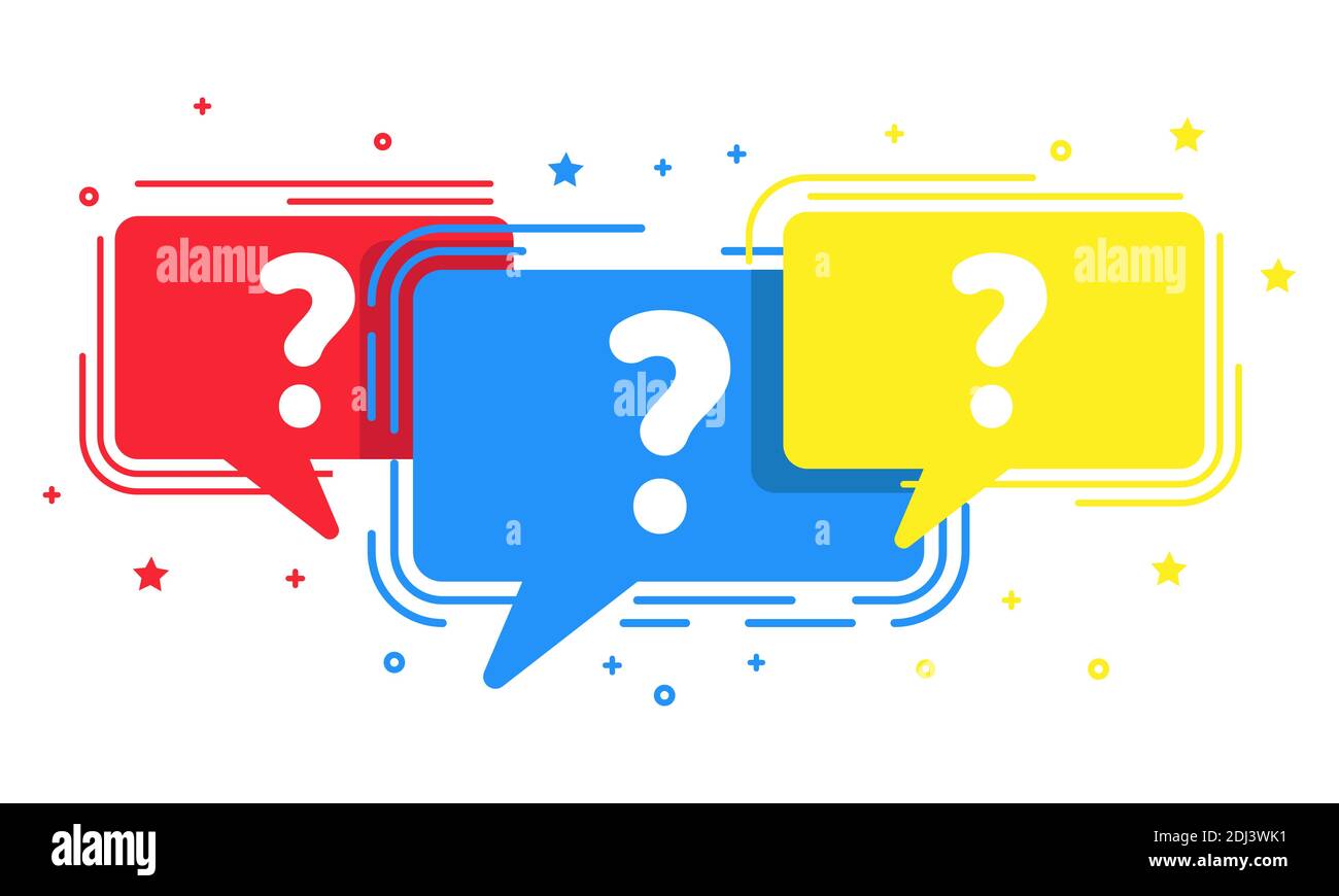 Flaches Fragezeichen im Sprechblasenhintergrund mehrfarbig. FAQ Symbol ...