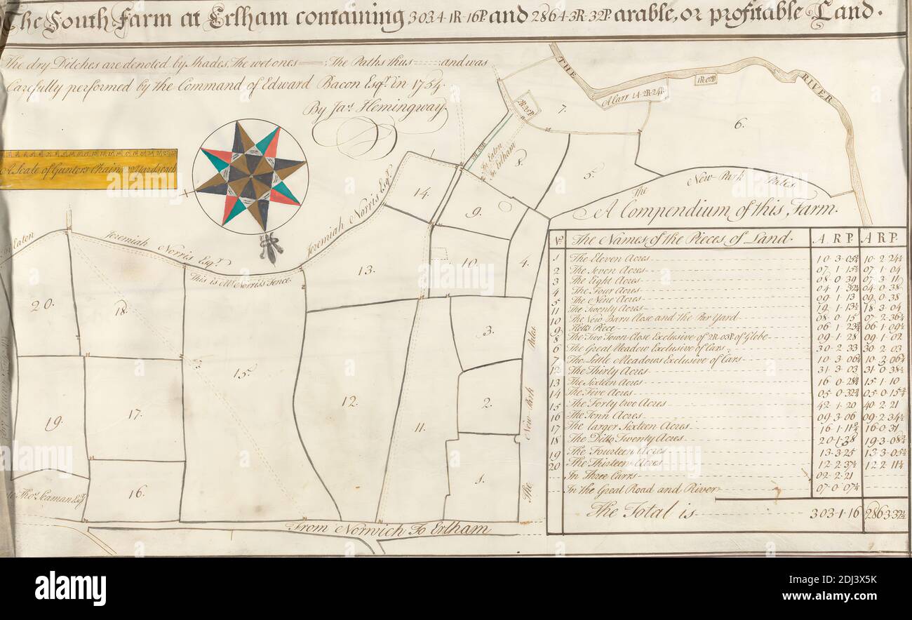 The South Farm at Earlham, Isaac Johnson, 1754–1835, British, 1754, Graphit, Feder und braune Tinte, Aquarell und Gouache auf glattem, mäßig dickem, weißem Wove-Papier, Blatt: 14 11/16 × 23 3/4 Zoll (37.3 × 60.3 cm), architektonisches Motiv, Haus, Übersichten Stockfoto