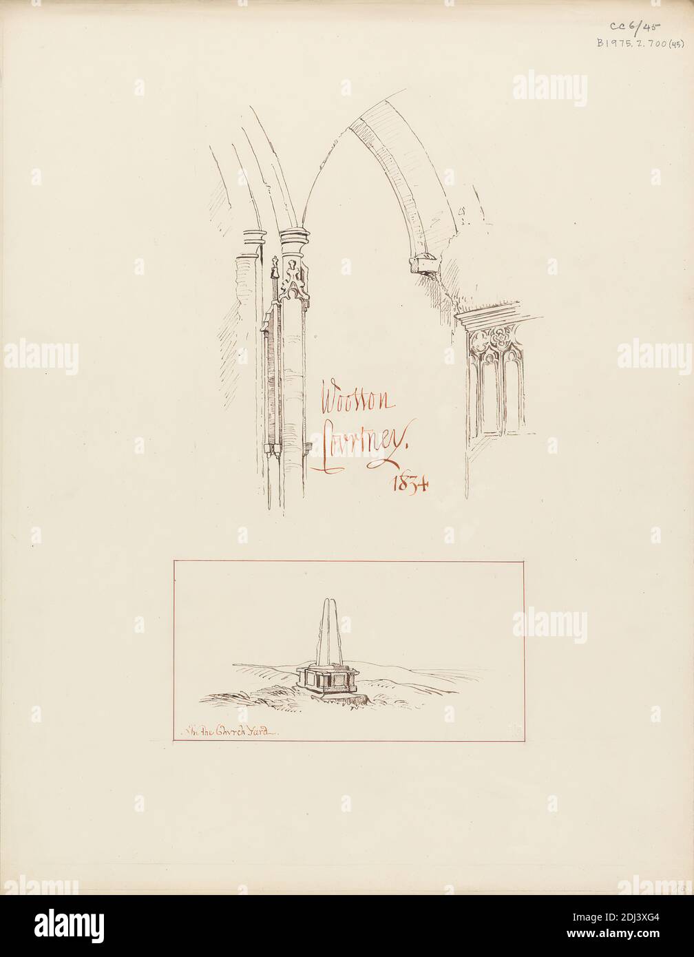 Eine aus A Volume of Drawings and Prints, Rev. James Bulwer, 1794–1879, British, 1834, Graphit, Feder und rote und braune Tinten auf leicht strukturiertem, mäßig dickem, cremefarbenem Papier, Blatt: 17 × 13 5/8 cm (34.6 × 43.2 Zoll), architektonisches Motiv Stockfoto