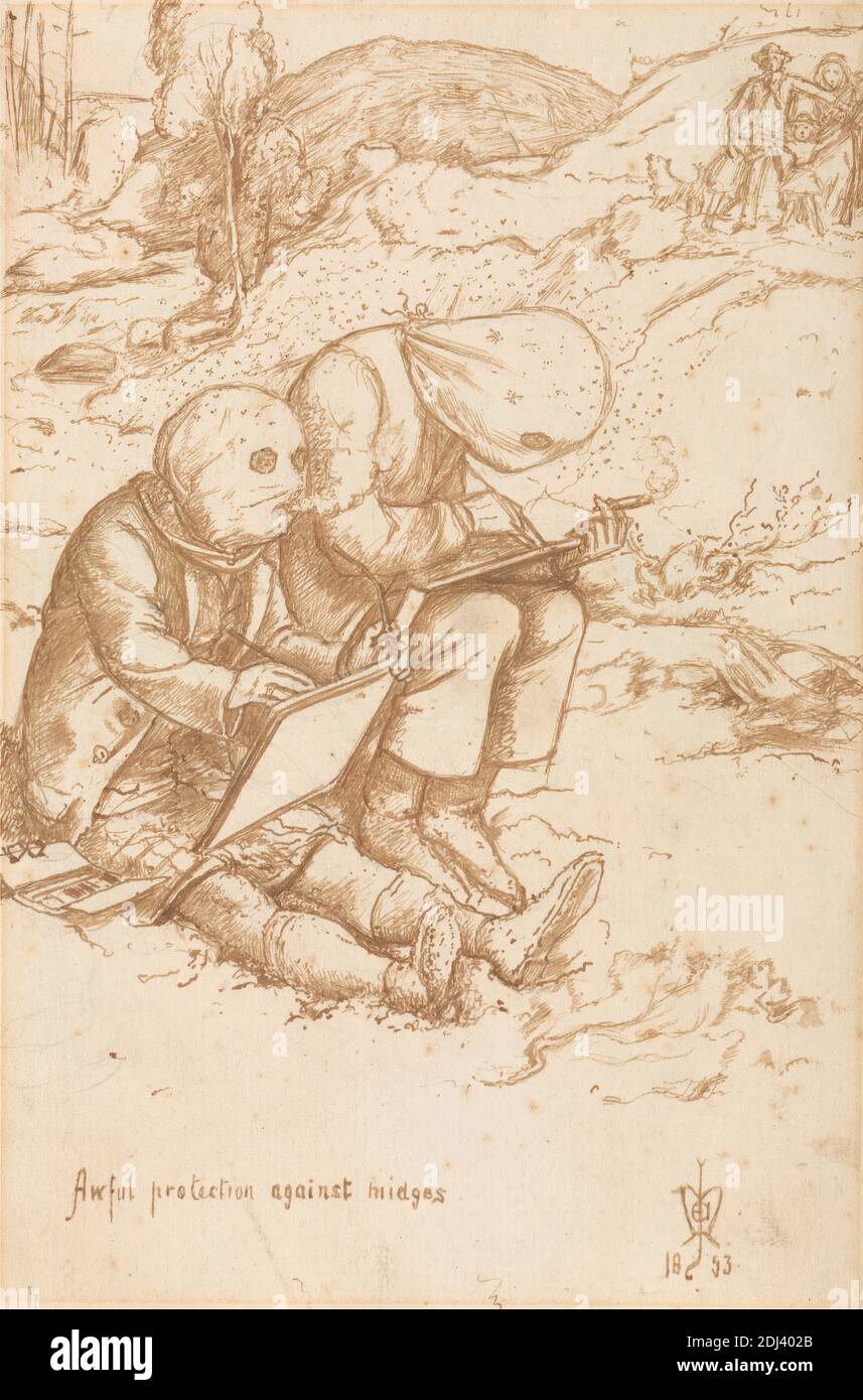 Furchtbarer Schutz gegen Mücken, Sir John Everett Millais, 1829–1896, Britisch, 1853, Feder und braune Tinte auf Medium, glattes, getupftes Papier, Blatt: 1/2 x 3/8 cm (6 16.5 x 4 11.1 Zoll), Kinder, Genresubjekt, Insekten, Skizzieren, Rauchen Stockfoto