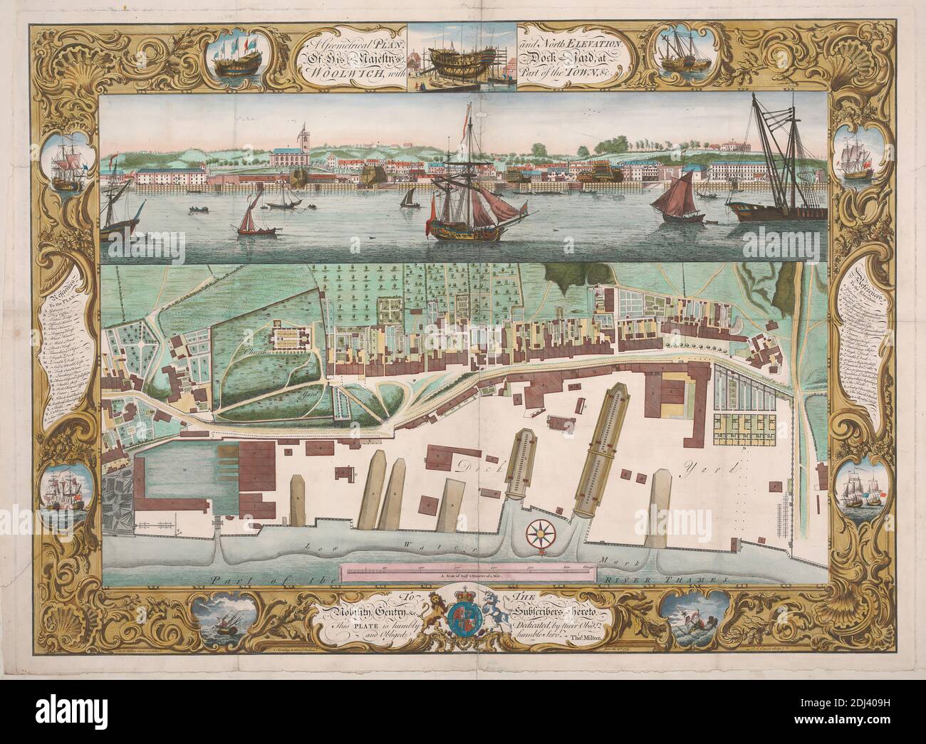 In Woolwich mit einem Teil der Stadt, Pierre Charles Canot, ca. 1710–1777, französisch, in Großbritannien tätig, nach T. & I. Milton, 18. Jahrhundert, 1753, Farbgravur Stockfoto