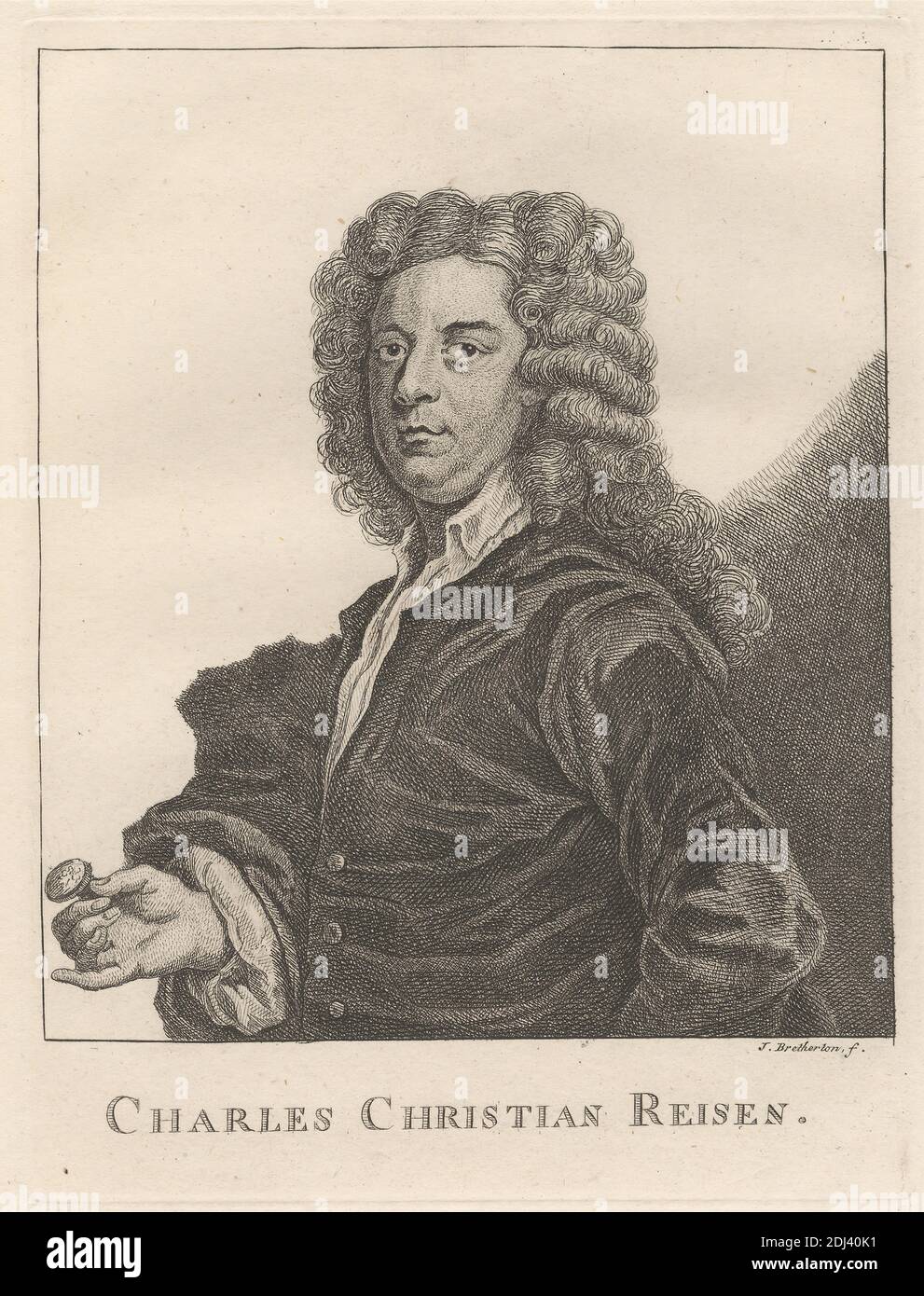 Charles Christian Reisen, Druck von James Bretherton, ca. 1730–1806, britisch, nach John Vanderbank, 1694–1739, britisch, 1762, Radierung auf mäßig dickem, leicht strukturiertem, cremefarbenem Papier, Blatt: 12 x 3/16 cm (23.3 x 9 30.5 Zoll), Platte: 7/8 x 3/16 cm (6 17.4 x 5 13.1 Zoll) und Bild: 5 3/4 x 4 15/16 Zoll (14.6 x 12.6 cm), Mantel, Kragen, Kostüm, Graveur (Schneidestift), Edelstein, Geste, Hand, Halten, Mann, Medaillon (Medaille), Porträt, Siegel, Perücke Stockfoto