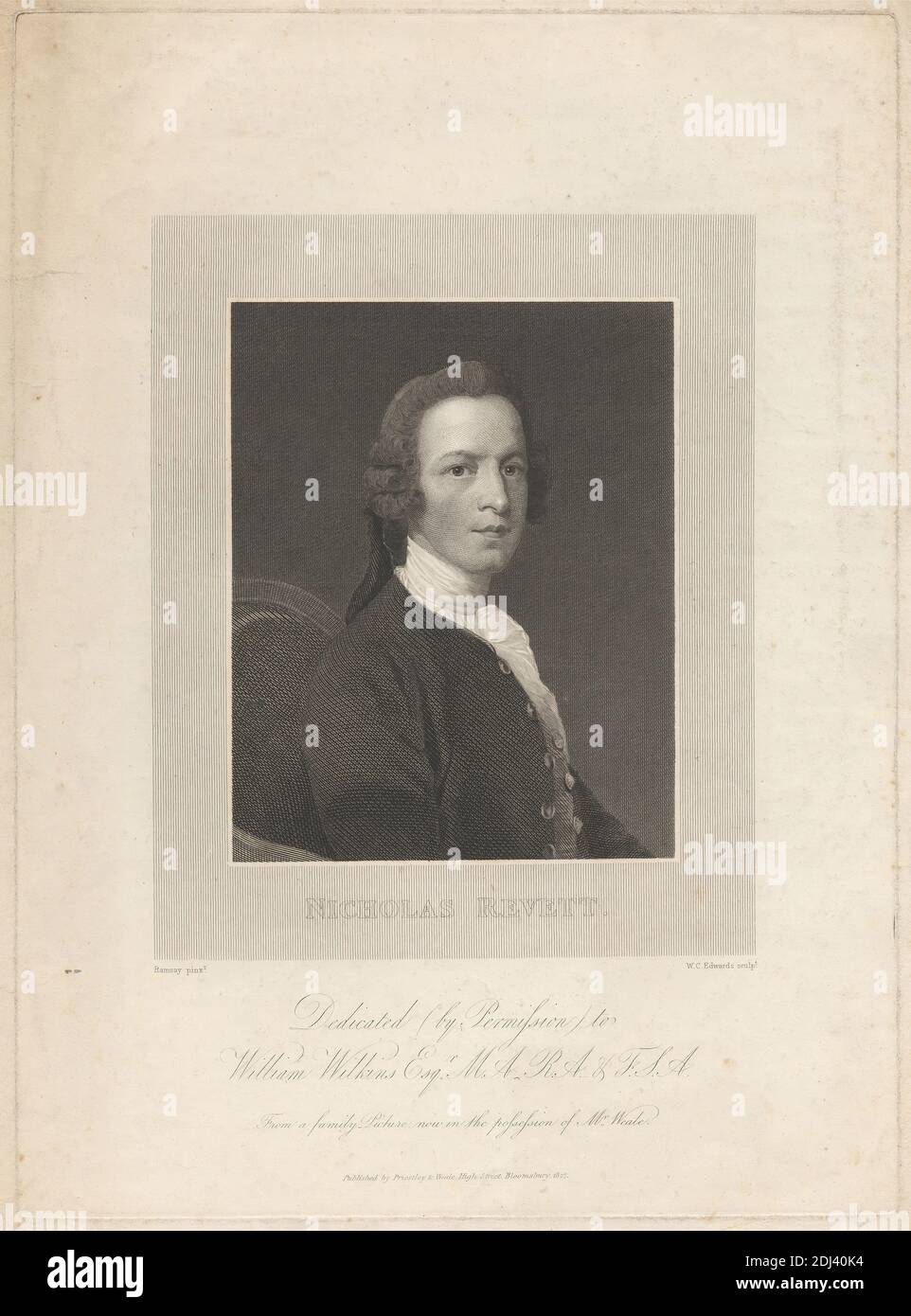 Nicholas Revett, William Camden Edwards, 1777–1855, British, after Allan Ramsay, 1713–1784, British, Published by Priestley & Weale, Active 1798–1830, British, 1827, Strichgravur und Radierung auf mäßig dickem, mäßig strukturiertem, cremefarbenen Papier, Blatt: 14 3/4 x 10 1/2 cm (26.6 x 37.4 Zoll), Platte: 13 9/16 x 9 7/8 Zoll (34.5 x 25.1 cm), und Bild: 8 3/8 x 6 3/4 Zoll (21.3 x 17.2 cm), Stuhl, Mantel, Kostüm, Krabatte, Rüschen, Mann, Porträt, Rüsche, Perücke Stockfoto