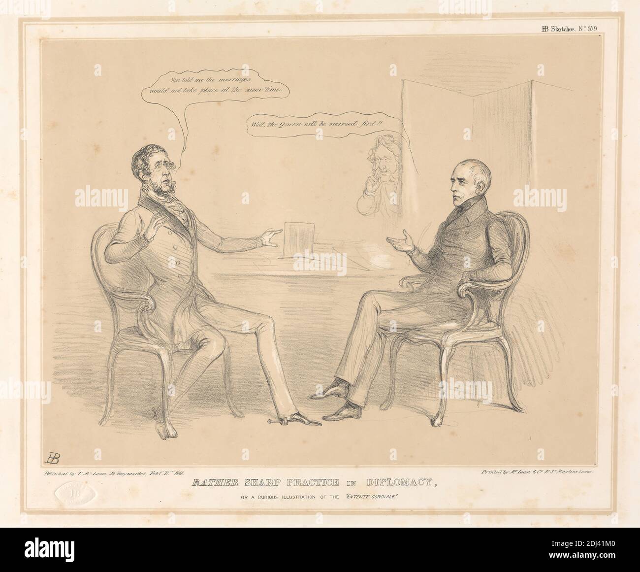 Rather Sharp Practice in Diplomacy, or a Curious Illustration of the 'Entente Cordiale', Print made by John Doyle ('H.B.'), 1797–1868, Irish, Printed by Thomas McLean, 1788–1875, British, Published by Thomas McLean, 1788–1875, British, 1847, Lithograph in tan und schwarz auf mäßig dickem, glattem, beigefarbenem Papier, Blatt: 12 5/16 x 17 3/8 Zoll (31.2 x 44.2 cm) und Bild: 9 5/16 x 12 1/8 Zoll (23.7 x 30.8 cm), Stühle, Mäntel, Kröten, Diplomaten, Diskussion, Genrethema, Gestik, Ehe, Männer, Politiker, Satire, Skizzen, Sporen, Spionage, Sprechen Stockfoto
