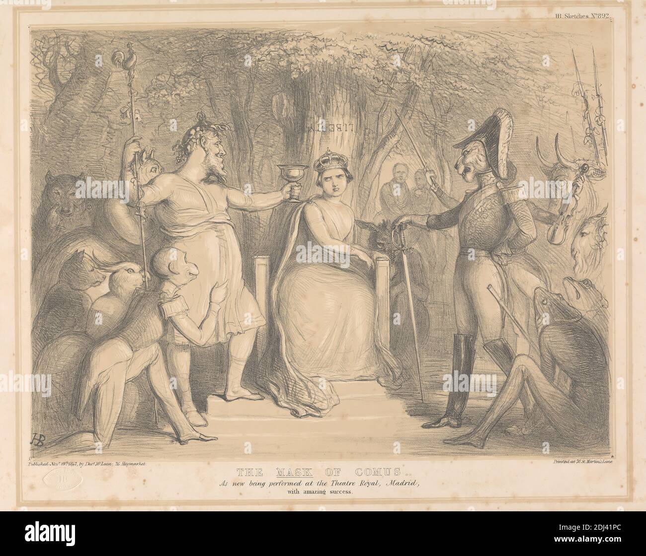 Die Maske des Comus. As Now being performed at the Theatre Royal, Madrid, with Amazing Success, Print Made by John Doyle ('H.B.'), 1797–1868, Irish, Printed by Thomas McLean, 1788–1875, British, Published by Thomas McLean, 1788–1875, British, 1847, Lithograph in tan und black ink on mäßig dick, smooth, beige wove paper, Sheet: 12 1/16 x 17 5/8 Zoll (30.7 x 44.7 cm) und Bild: 10 1/8 x 13 3/8 Zoll (25.7 x 34 cm), Tiere, Bären, Vögel, Kostüm, Hof, Kronen, Tassen, Frankreich, Frösche (Tiere), Ziegen, Götter, Hüte, historisches Thema, Könige, Löwen, Masken, Männer, Affen, Musiker, Mythologie Stockfoto