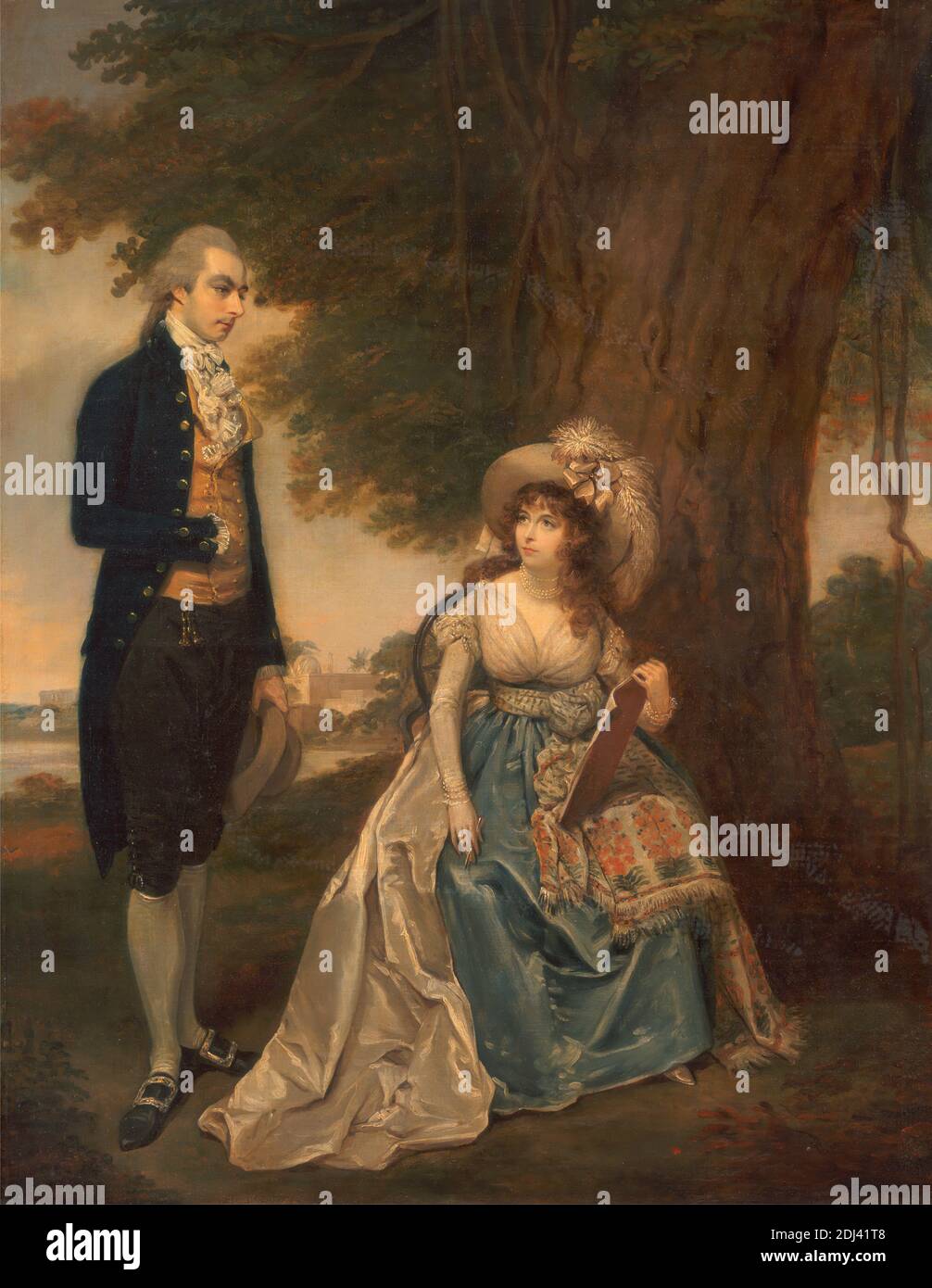 Mr. Und Mrs. Fraser, Arthur William Devis, 1762–1822, britisch, 1785 bis 1790, Öl auf Leinwand, Stütze (PTG): 35 1/2 x 27 1/2 Zoll (90.2 x 69.9 cm), Decke, blau, Gesprächsstoff, Paar, Zeichnung, Zeichnung (Bilderstellung), Federn, Hut, Perlen, Bild, Portrait, sitzen, Skizzenbuch, skizzieren, Baum, Wasser, weiß (Farbe), Frau Stockfoto