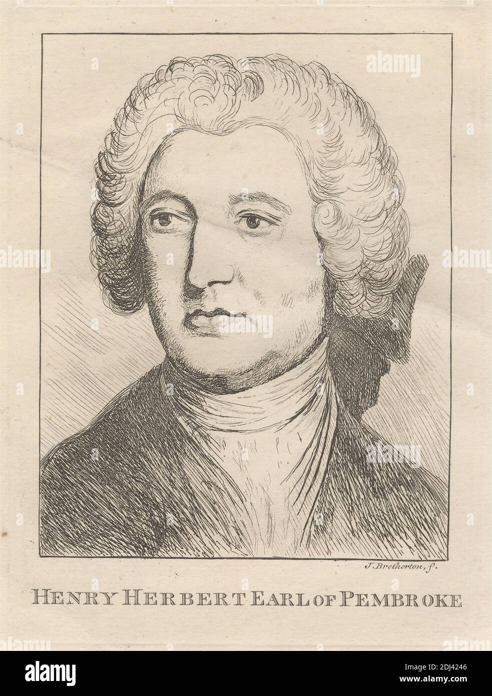 Henry Herbert Earl of Pembroke, Druck von James Bretherton, ca. 1730–1806, britisch, 1762, Radierung auf mäßig dickem, mäßig strukturiertem, cremefarbenem Papier, Blatt: 11 3/4 x 29.9 cm (22.9 x 9 Zoll), Platte: 5/8 x 13/16 cm (6 16.8 x 4 12.3 Zoll) und Bild: 5 7/16 x 4 1/4 Zoll (13.8 x 10.8 cm), Anekdoten der Malerei in England (1762–1780), Architekt, Bogen (Kostümzubehör), Büste, Mantel, Kostüm, earl, Illustration, Mann, Porträt, Walpole, Horatio Horace, vierter earl of Orford (1717–1797), Autor, Politiker und Mäzen der Künste, Perücke Stockfoto