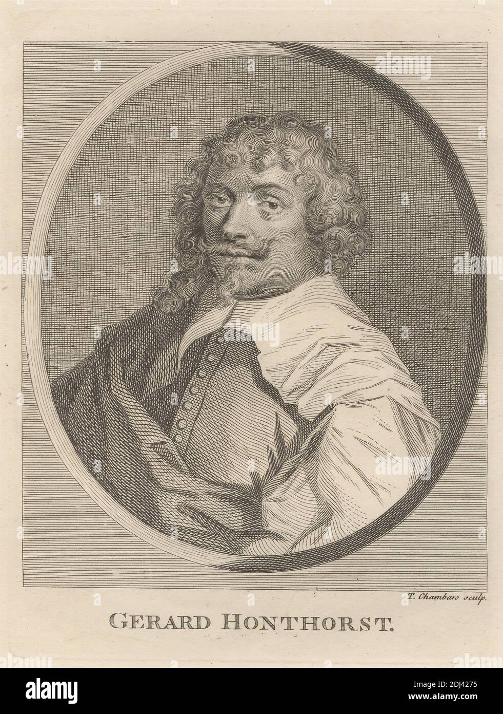 Gerard Honthorst, Druck von Thomas Chambars, ca. 1724–1789, britisch, nach unbekannter Künstler, undatiert, Radierung auf mäßig dickem, glattem, cremefarbenem Papier, Blatt: 11 13/16 x 1/8 cm (23.2 x 9 30 Zoll), Platte: 9/16 x 1/16 cm (6 16.7 x 5 12.9 Zoll) und Bild: 5 1/8 x 4 5/16 Zoll (13 x 11 cm), Bart, Knöpfe, Umhang, Kragen, Locken, Mann, Schnurrbart, oval, Porträt Stockfoto