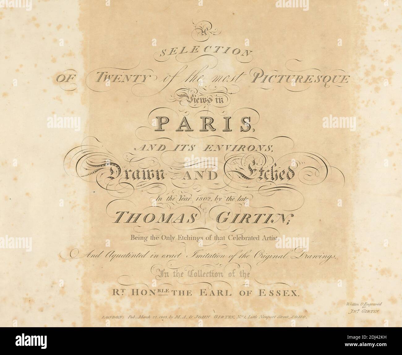 Titelseite für: Eine Auswahl der malerischsten Aussichten in Paris und Umgebung, James Girtin, ca. 1780–nach 1820, nach James Girtin, ca. 1780–nach 1820, 1803, Radierung auf mäßig dickem, leicht strukturiertem, cremefarbenem Papier, Blatt: 18 1/4 x 26 cm (66 x 46.4 Zoll), Platte: 13 x 16 cm (40.6 x 33 Zoll) und Bild: 11 x 11 1/2 cm (27.9 x 29.2 Zoll) Stockfoto