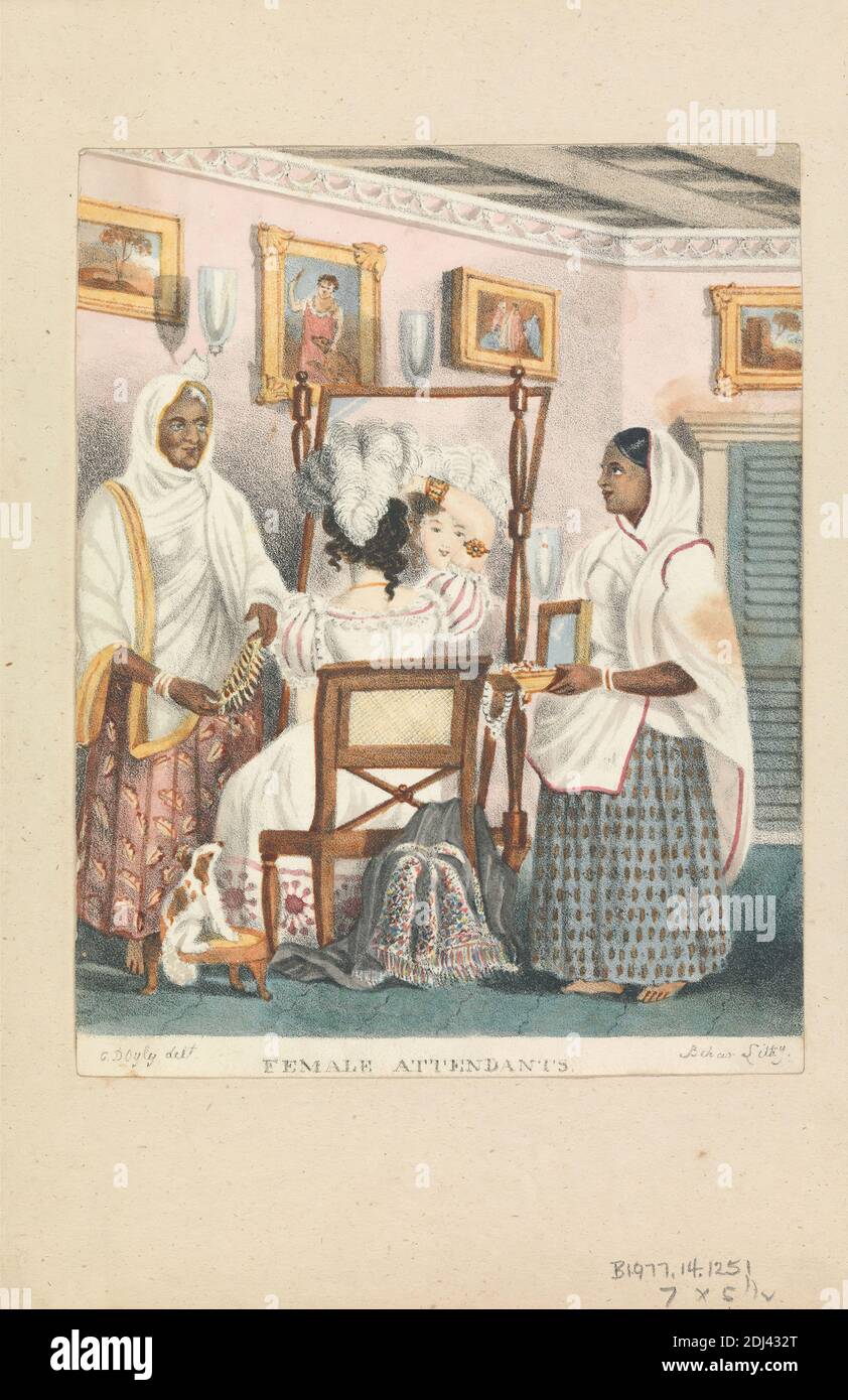 Weibliche Begleiter, Sir Charles D'Oyly, 1781–1845, Brite, aktiv in Indien, gedruckt von der Behar Amateur Lithographic Press, 1781–1845, Brite, aktiv in Indien, undatiert, Chromolithograph auf Medium, glattes, beigefarbenes Papier auf Medium, leicht strukturiert, beigefarbenes Papier, Halterung: 5/8 x 5/16 cm (9 24.4 x 6 16 Zoll), Blatt: 6 13/16 x 5 5/16 Zoll (17.3 x 13.5 cm), und Bild: 6 7/16 x 5 5/16 Zoll (16.4 x 13.5 cm), Armbänder, Stuhl, Schrank, Kosmetik, Hund (Tier), Vorhänge, Kleider, Ohrringe, Englisch, Federn, weiblich, Rahmen (Möbel), Genre Thema, Haare, Hüte, Indianer, Schmuck Stockfoto