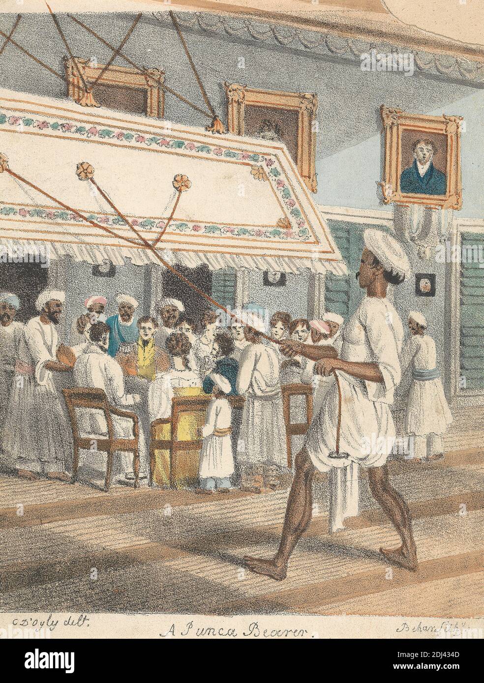 Ein Punca-Träger, Sir Charles D'Oyly, 1781–1845, Brite, aktiv in Indien, gedruckt von der Behar Amateur Lithographic Press, 1781–1845, Brite, aktiv in Indien, undatiert, Chromolithographie auf mittlerem, leicht strukturiertem, cremefarbenem Wove-Papier auf mäßig dickem, leicht strukturiertem, beigefarbenem Wove-Papier, Halterung: 9 15/16 x 6 1/4 Zoll (25.2 x 15.9 cm), Blatt: 7 1/16 x 5 5/16 Zoll (17.9 x 13.5 cm) und Bild: 6 11/16 x 5 5/16 Zoll (17 x 13.5 cm), Teppich, Kinder, Abendessen, Englisch, Essen, Essen, Genre Thema, Inder, Mann, Männer, Adel, Gemälde, Diener, Diener, Sklave, Frauen, Indien Stockfoto