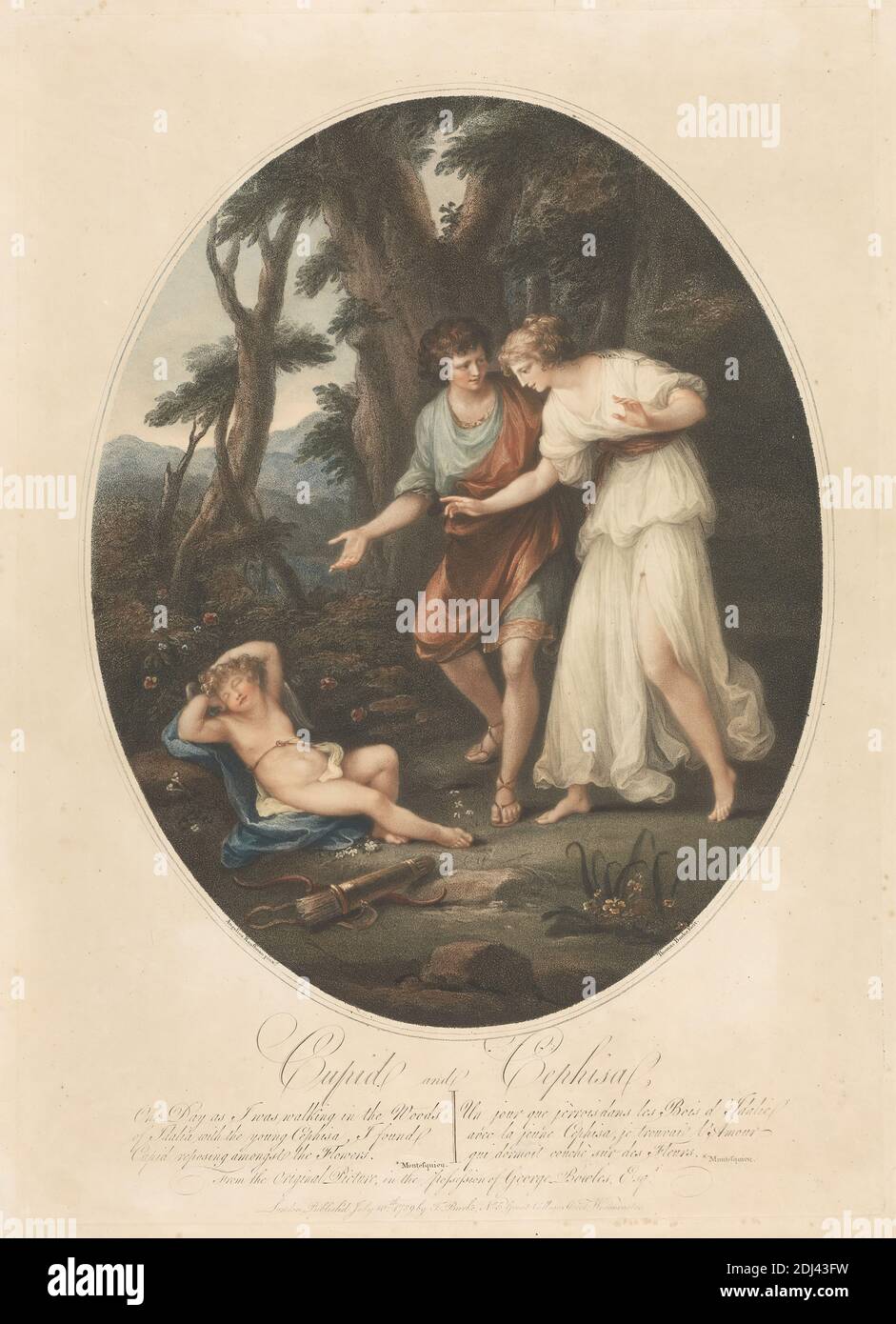 Amor und Cephisa: 'One Day as I was Walking in the Woods...', Druck von Thomas Burke, 1749–1815, britisch, nach Angelica Kauffmann RA, 1741–1807, schweizerisch, aktiv in Großbritannien (1766–81), Publiziert von Thomas Burke, 1749–1815, britisch, 1789, Stichelgravur und Radierung, handgefärbt auf mäßig dickem, glattem, cremefarbenem Papier, Blatt: 19 5/8 x 18 5/8 Zoll (49.8 x 47.3 cm), Teller: 18 5/8 x 13 1/8 Zoll (47.3 x 33.3 cm) und Bild: 14 3/8 x 11 7/16 Zoll (36.5 x 29 cm), Pfeile, Bogen, Zöpfe, Kind, Schnitt, Kleid, Blumen (Pflanzen), Gras, halten, Messer, Liebe, Mann, Berge, Mythologie, oval Stockfoto