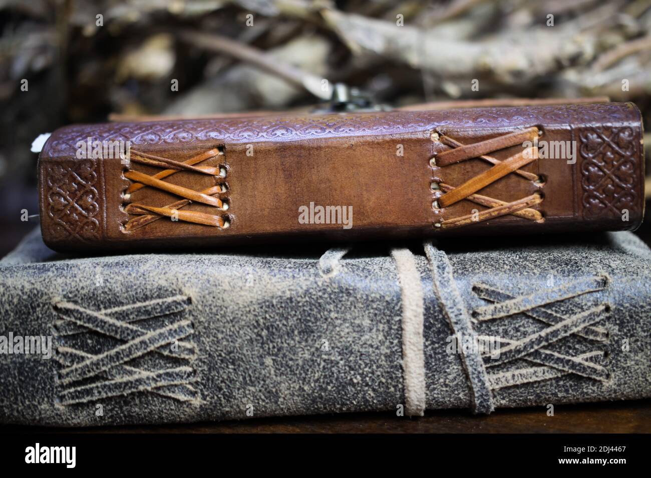 Nahaufnahme eines isolierten leeren Rückens zweier alter Bücher Mit Vintage Lederbindung Stockfoto
