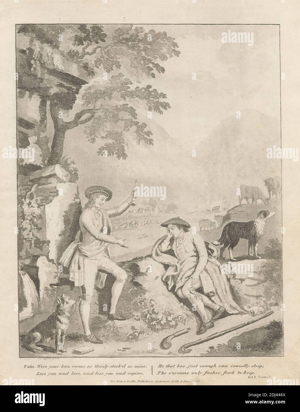 Patie Tadel Roger, Print Made by David Allan, 1744–1796, British, Born in Scotland, after David Allan, 1744–1796, British, Born in Scotland, Published by Watt & Baillie, Active 1808, British, 1808, Etching and aquatint on mäßig Thick, mäßig textured, Cream Wove paper, Sheet: 11 1/8 x 8 7/8 Zoll (28.3 x 22.6 cm), Platte: 10 3/8 x 8 1/8 Zoll (26.4 x 20.7 cm) und Bild: 8 3/4 x 7 Zoll (22.3 x 17.8 cm), Stöcke, Rinder, Komödie, Kostüm, Hunde (Tiere), Genre Thema, Geste, Hügel, Häuser, Illustration, Jacken, Männer, pastoral, Bauern, kariert, Gedicht, Blockflöte, Ruhe, Fluss, Schärpe Stockfoto