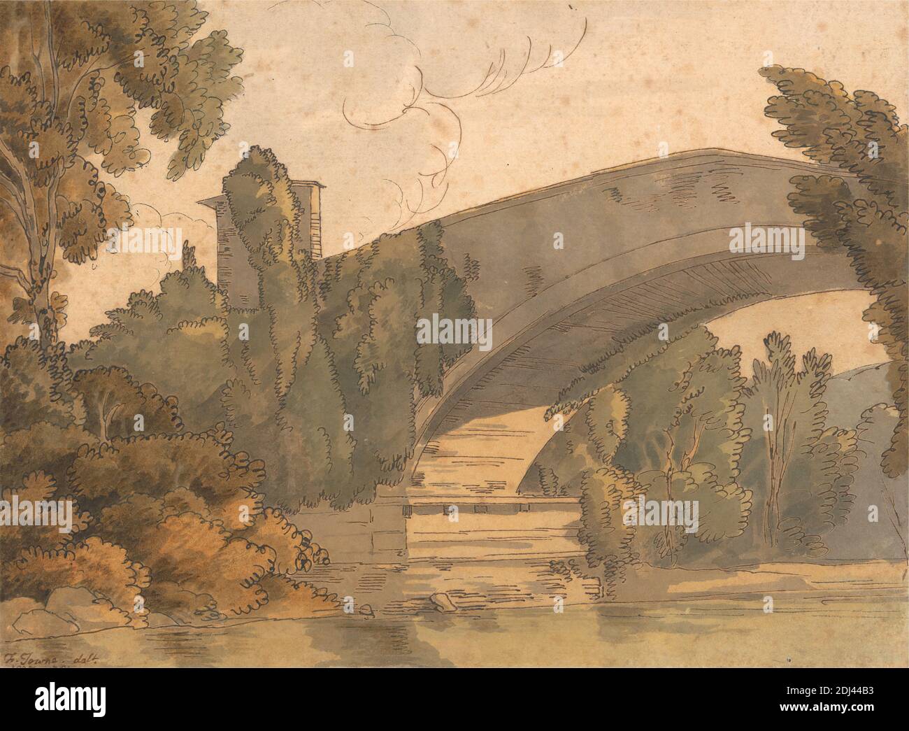 A Bridge between Florence and Bologna, Francis Towne, 1740–1816, British, 1781, Aquarell und schwarze und braune Tinte über Graphit auf mittlerem, leicht strukturiertem, cremefarbenem Papier, Blatt: 1/8 x 3/8 cm (6 15.6 x 8 21.3 Zoll) und Halterung: 11 1/4 x 14 1/4 Zoll (28.6 x 36.2 cm), Brücke (gebaut), Büsche, Grand Tour, Landschaft, Fluss, Bäume, Bologna, Florenz, Italien Stockfoto