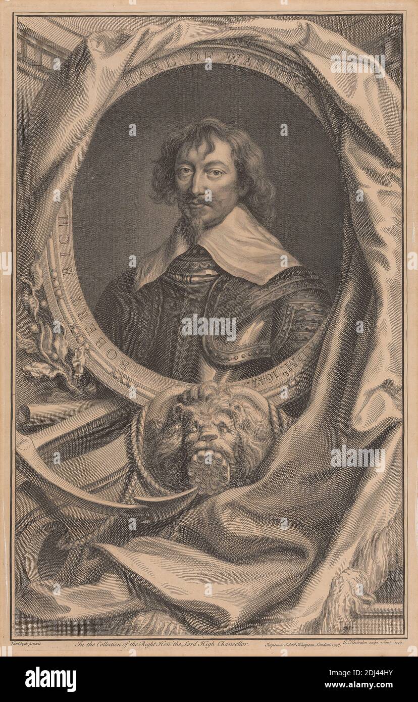 Robert Rich, Earl of Warwick, Jacobus Houbraken, 1698–1780, niederländisch, nach Sir Anthony Van Dyck, 1599–1641, Flämisch, in Großbritannien tätig (1620–21; 1632–34; 1635–41), 1747, Gravur, Blatt: 15 x 9 5/8in. (38.1 x 24,4 cm Stockfoto