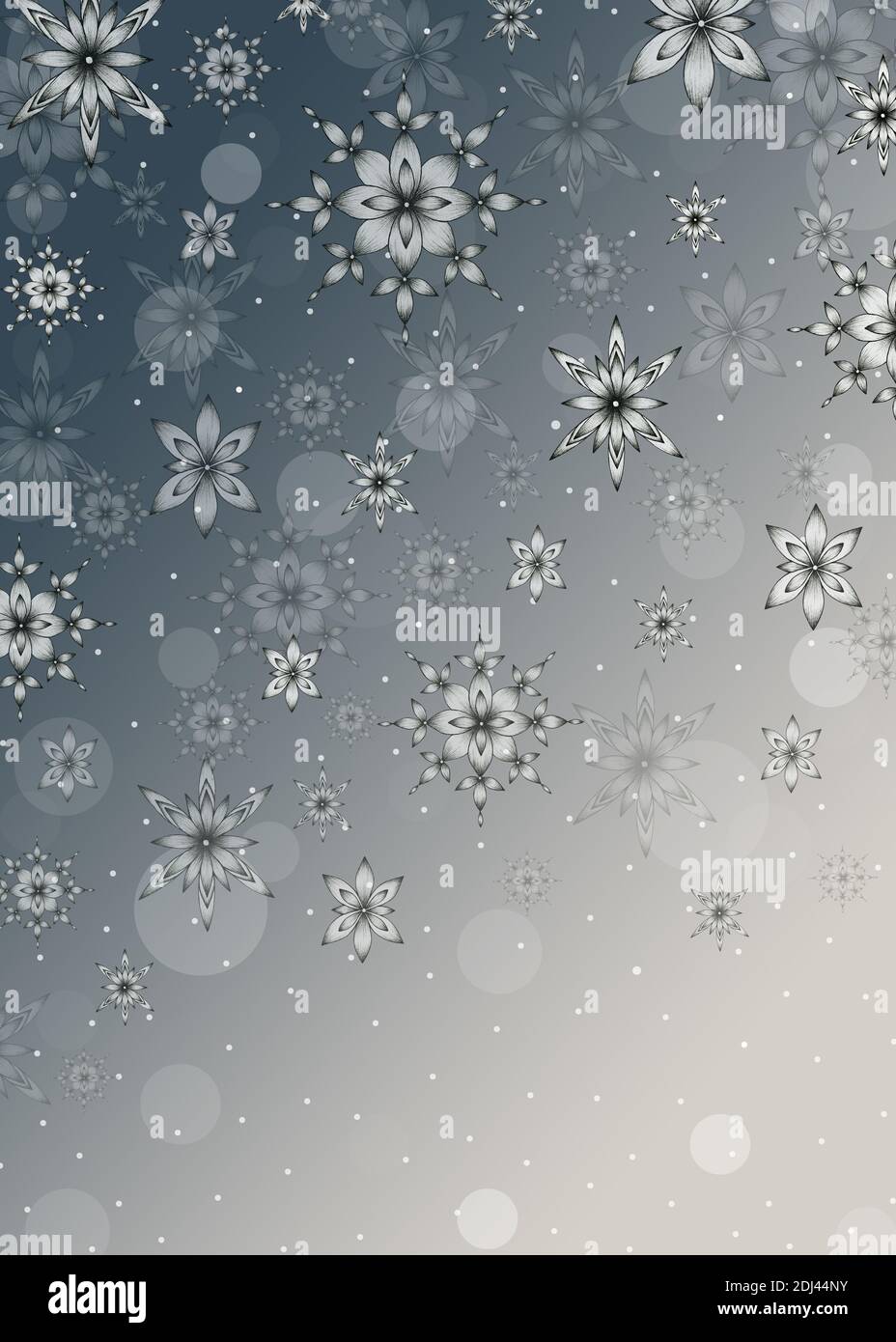 Weihnachten Schneeflocken Hintergrund, Winter Vorlage Design mit handgezeichneten Schneeflocken auf dunklen Himmel Hintergrund, abstrakt schneit Himmel mit fallenden Schneeflocke Stockfoto