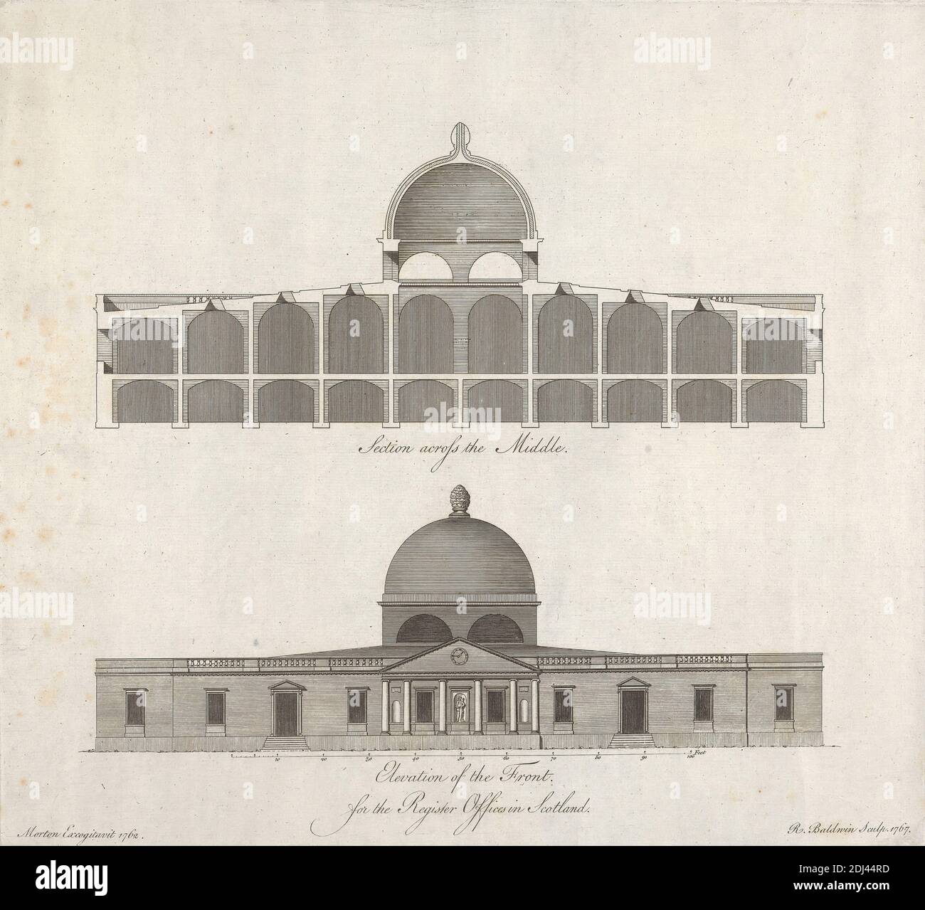 Elevation of the Front for the Register Offices in Scotland, Morton, Active 1767, nach Robert Baldwin, Active 1763–1769, 1767, Gravieren auf mäßig dicken, mäßig strukturierten, cremefarbenen, gedeckten Papier, Blatt: 17 5/8 × 22 Zoll (44.8 × 55.9 cm) und Platte: 13 5/8 × 14 15/16 Zoll (34.6 × 37.9 cm) Stockfoto