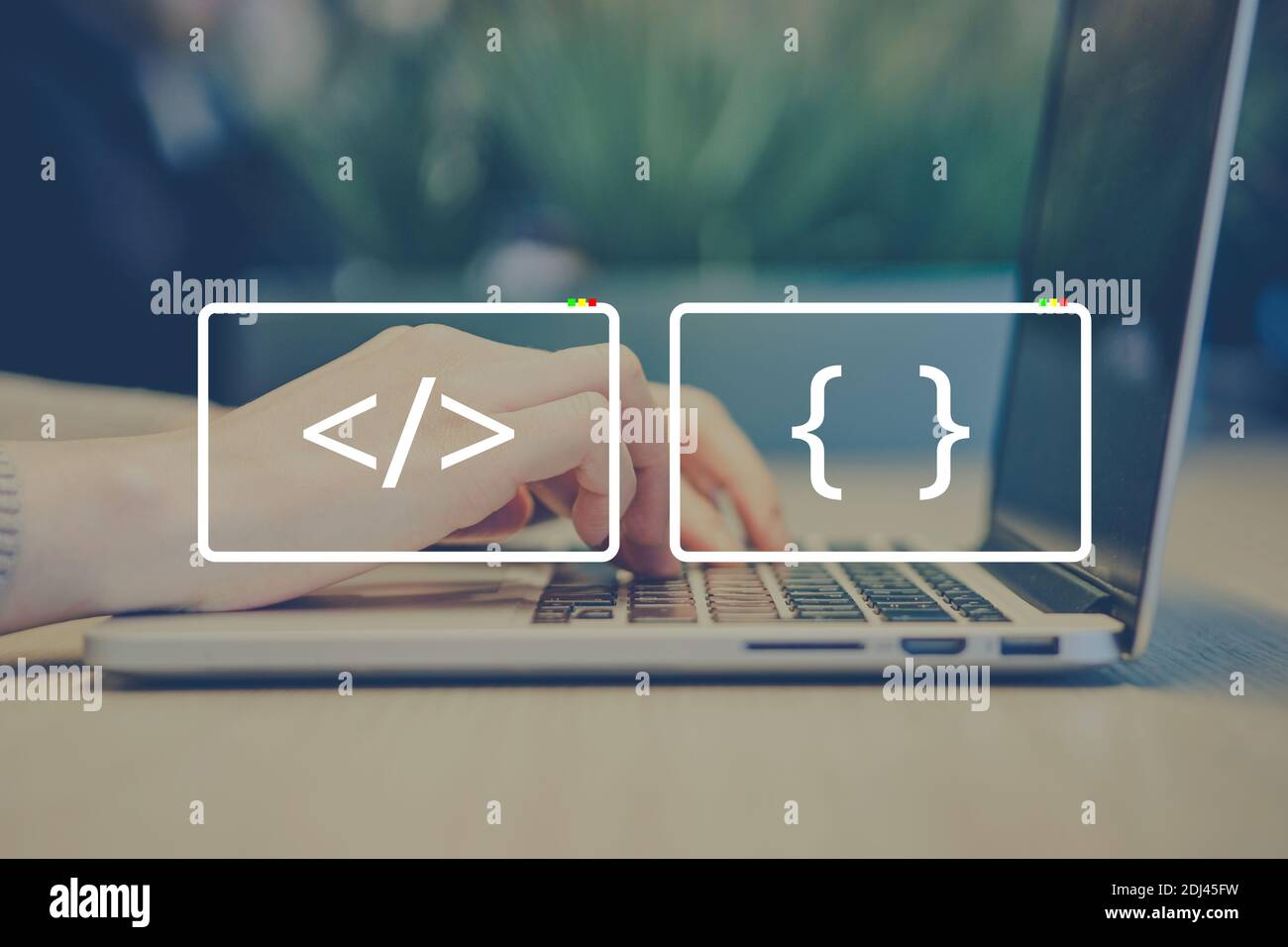 Professionelles Programmierkonzept mit abstrakten Codiersymbolen. Stockfoto