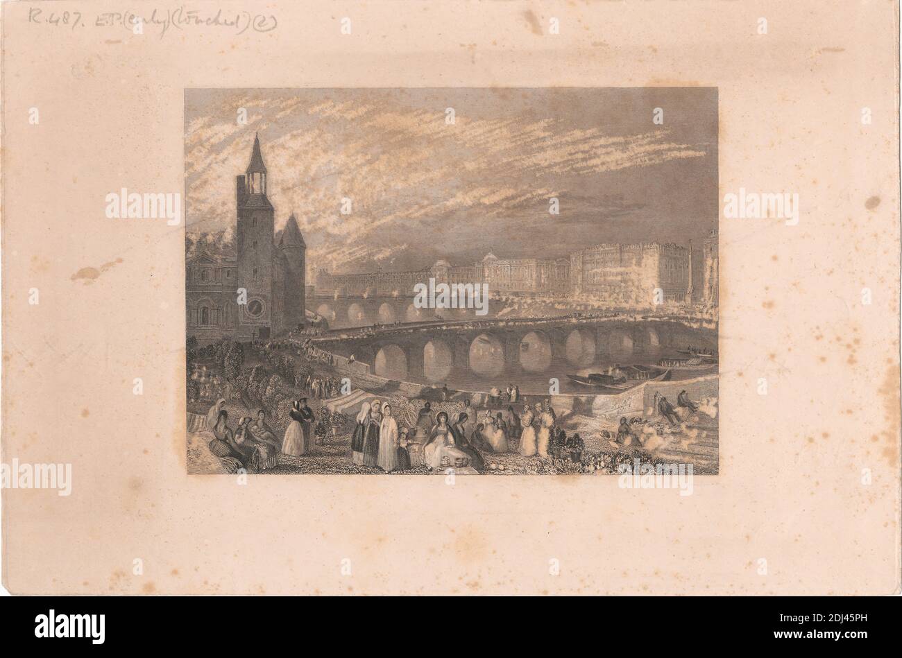 Marche aux Fleurs und Pont-au-Change, William Radclyffe, 1780–1855, britisch, nach Joseph Mallord William Turner, 1775–1851, britisch, 1835, Strichgravur, Kupferstichprof, berührt (früh Stockfoto