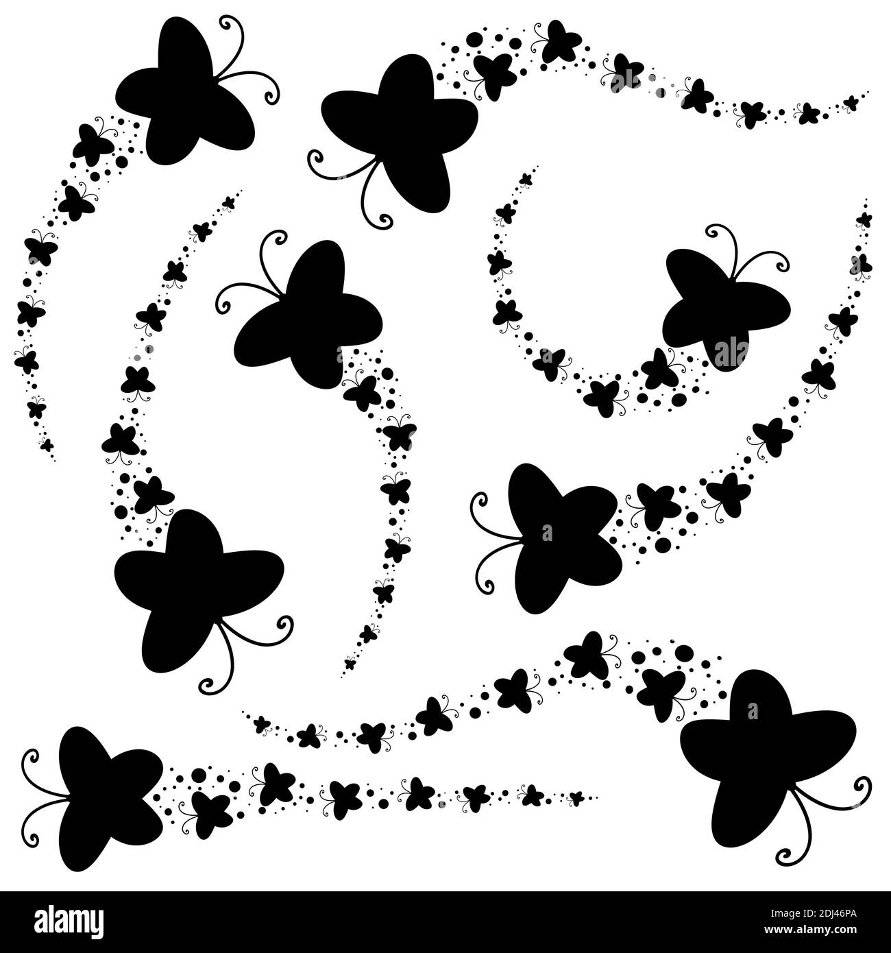 Set aus schwarzen Silhouetten. Eine Herde abstrakter Cartoon-Schmetterlinge, die einer nach dem anderen fliegen. Stock Vektor