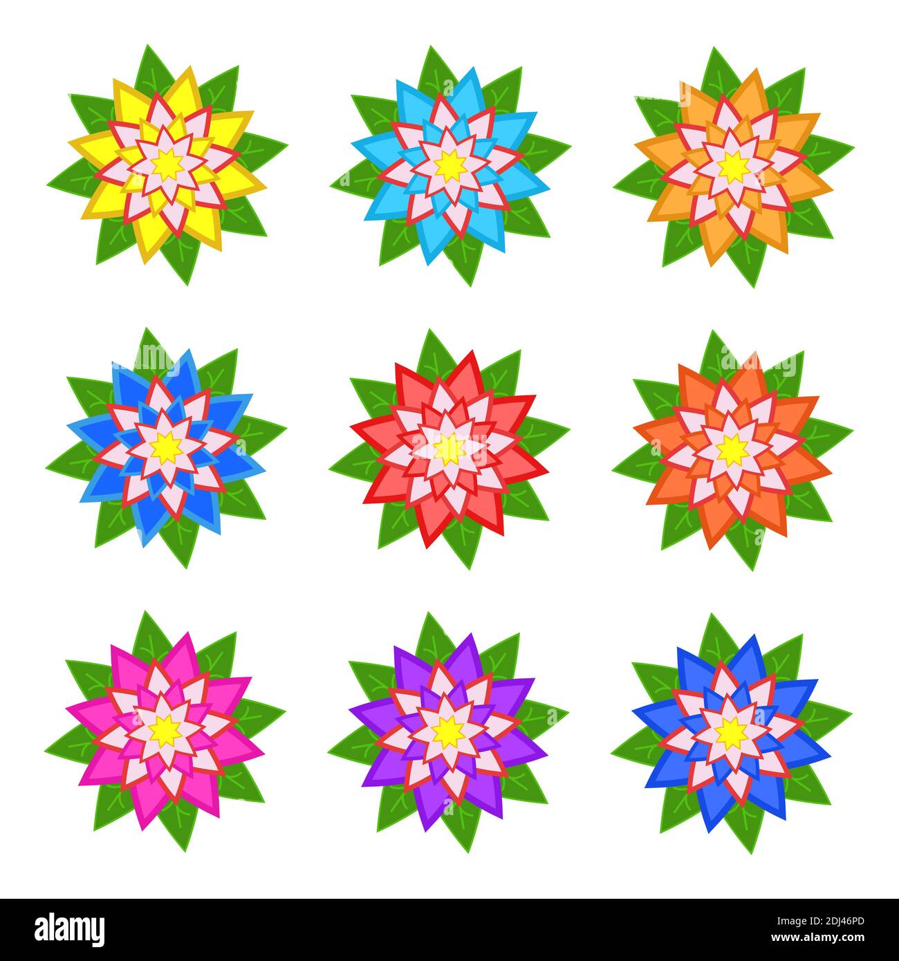 Set von flachen farbigen abstrakten Blumen isoliert auf weißem Hintergrund. Einfaches Design für die Dekoration Stock Vektor