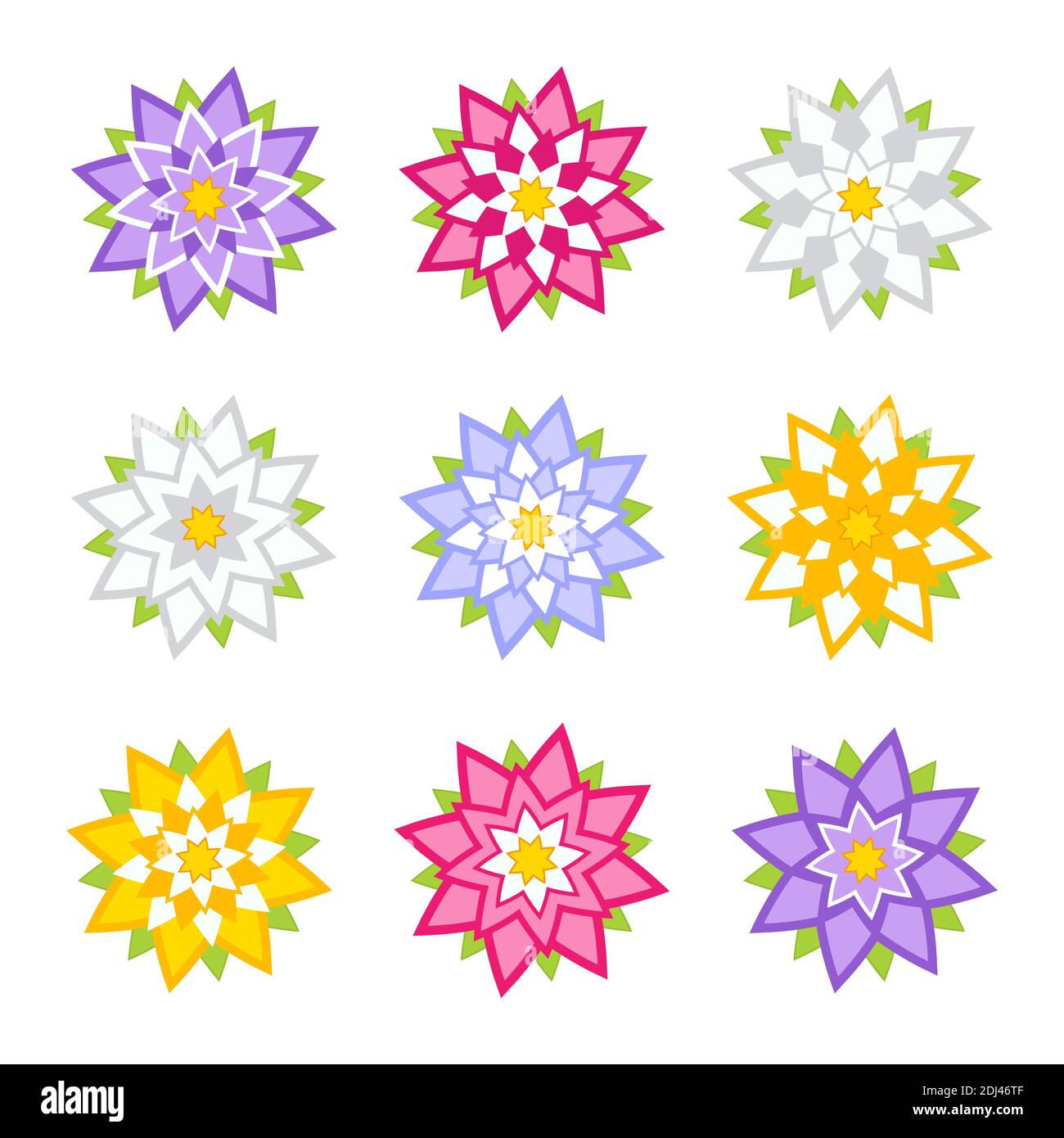 Set von flachen farbigen abstrakten Blumen isoliert auf weißem Hintergrund. Einfaches Design für die Dekoration Stock Vektor