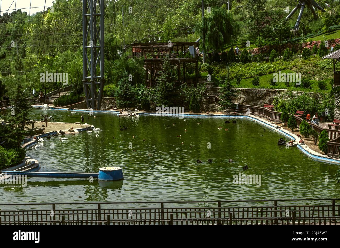Teheran,Iran,Juli 07,2020:Teich im Park 'Welt der Vögel' ist eingezäunt Mit Holzgeländer, entlang der Küste gibt es Steinwände stützen Auf dem Boden Stockfoto