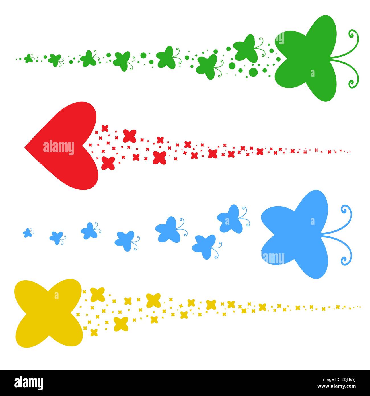 Set von farbigen Silhouetten. Eine Herde abstrakter flacher Schmetterlinge, Herzen, Sterne, die einer nach dem anderen fliegen. Stock Vektor