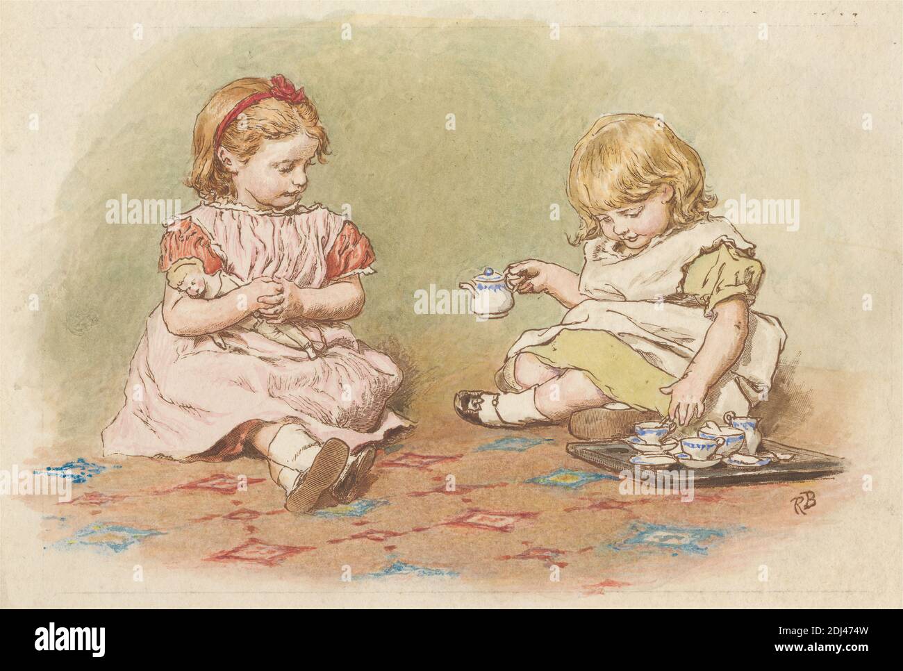 Two Girls Playing, Print made by Robert Barnes, 1840–1895, British, after Robert Barnes, 1840–1895, British, undatiert, Holzstich mit Aquarell auf mäßig dickem, leicht strukturiertem, cremefarbenem Wove-Papier auf mäßig dickem, leicht strukturiertem, beigefarbenem Karton, Halterung: 1/8 x 5/8 cm (5 13 x 7 19.4 Zoll), Blatt: 4 9/16 x 6 15/16 Zoll (11.6 x 17.6 cm), und Bild: 4 x 6 5/16 Zoll (10.2 x 16 cm), Schürzen, Teppich, Kinder, Puppe, Kleider, Genre Thema, Mädchen, Band, Schuhe, Socken, Tee-Party, Tee-Set, Tablett Stockfoto