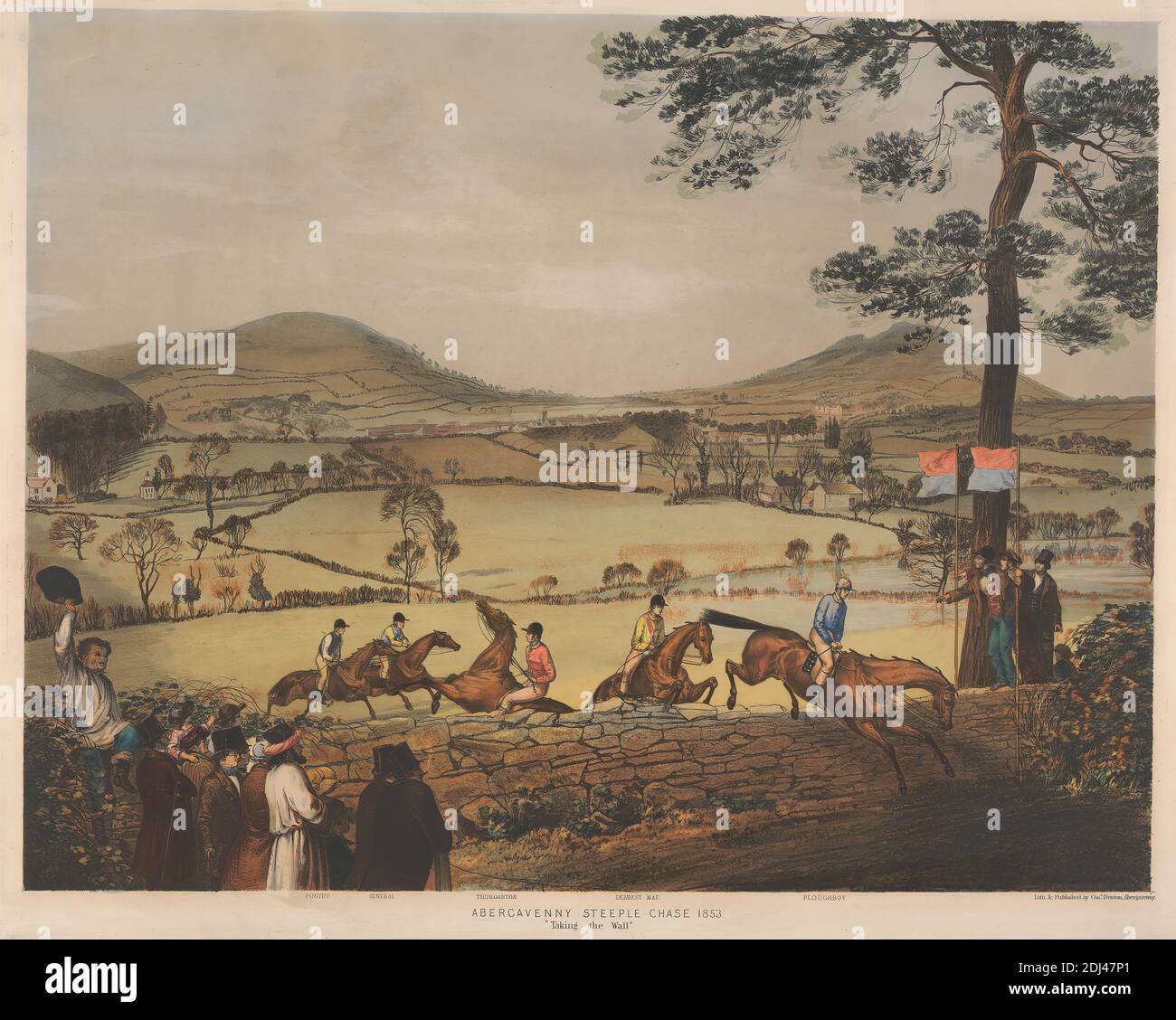 Abergavenny Kirchturm Chase: 'Taking the Wall' / Pontifex, General, Thurgarton, Dearest Mae, Plowboy, Charles Denton, Active 1853, British, 1853, Lithograph, Blatt: 15 7/8 x 20 1/2 Zoll (40.3 x 52,1 cm Stockfoto