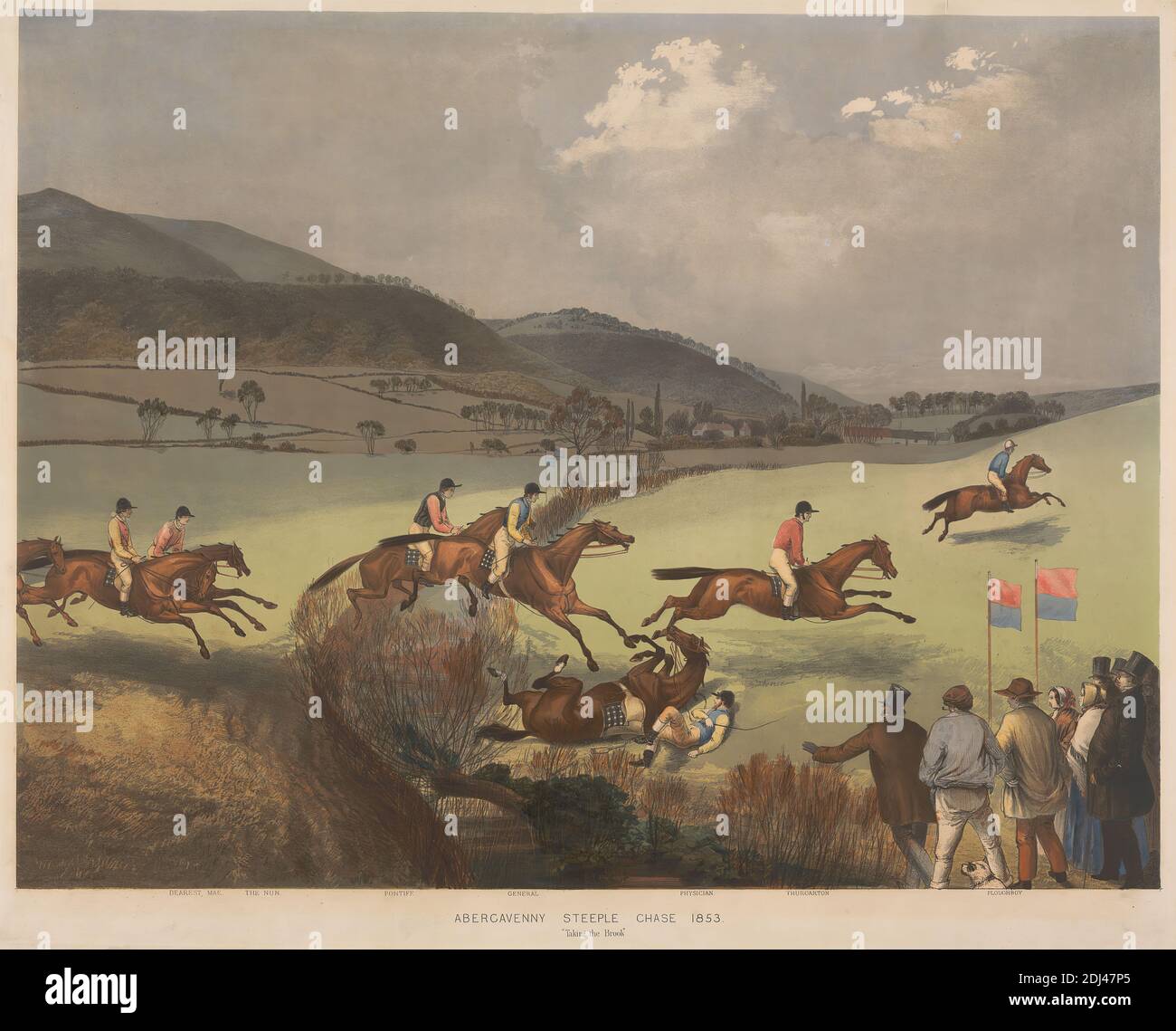 Abergavenny Kirchturm Chase: 'Taking the Brook' / Liebste Mae, die Nonne, Pontifex, General, Physician, Thurgarton, Plowboy, Charles Denton, Active 1853, British, 1853, Lithograph, Blatt: 15 7/8 x 20 1/2in. (40.3 x 52,1 cm Stockfoto