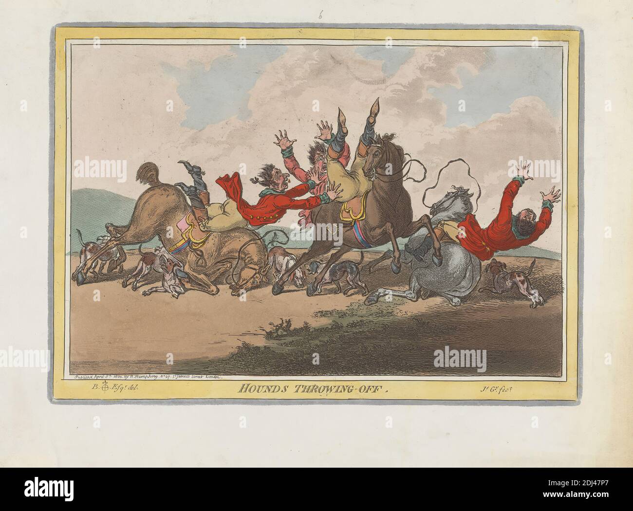 Hounds Throwing-Off, James Gillray, 1757–1815, britisch, nach Brownlow North, 1778–1829, 1800, handkolorierte Radierung, Blatt: 10 x 13 (25.4 x 34,9 cm Stockfoto