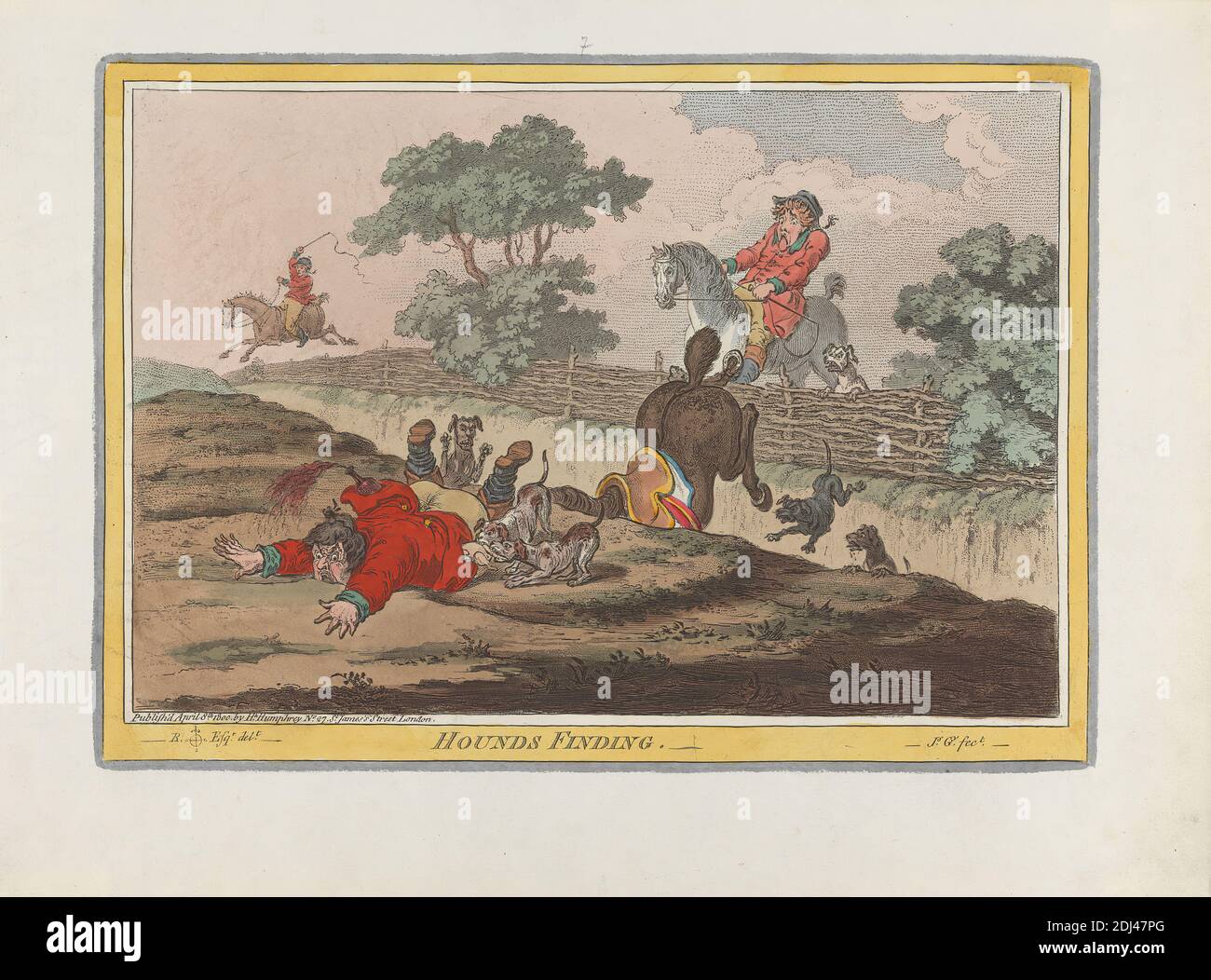 Hounds in Finding, James Gillray, 1757–1815, britisch, nach Brownlow North, 1778–1829, 1800, handkolorierte Radierung, Blatt: 10 x 13 3/4in. (25.4 x 34,9 cm Stockfoto