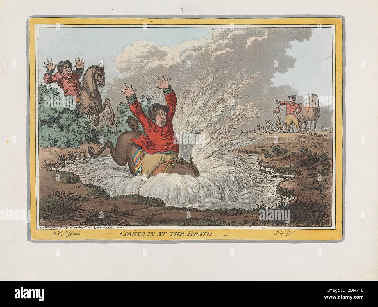 Coming-in at the Death, James Gillray, 1757–1815, britisch, nach Brownlow North, 1778–1829, 1800, handkolorierte Radierung, Blatt: 10 x 13 (25.4 x 34,9 cm Stockfoto