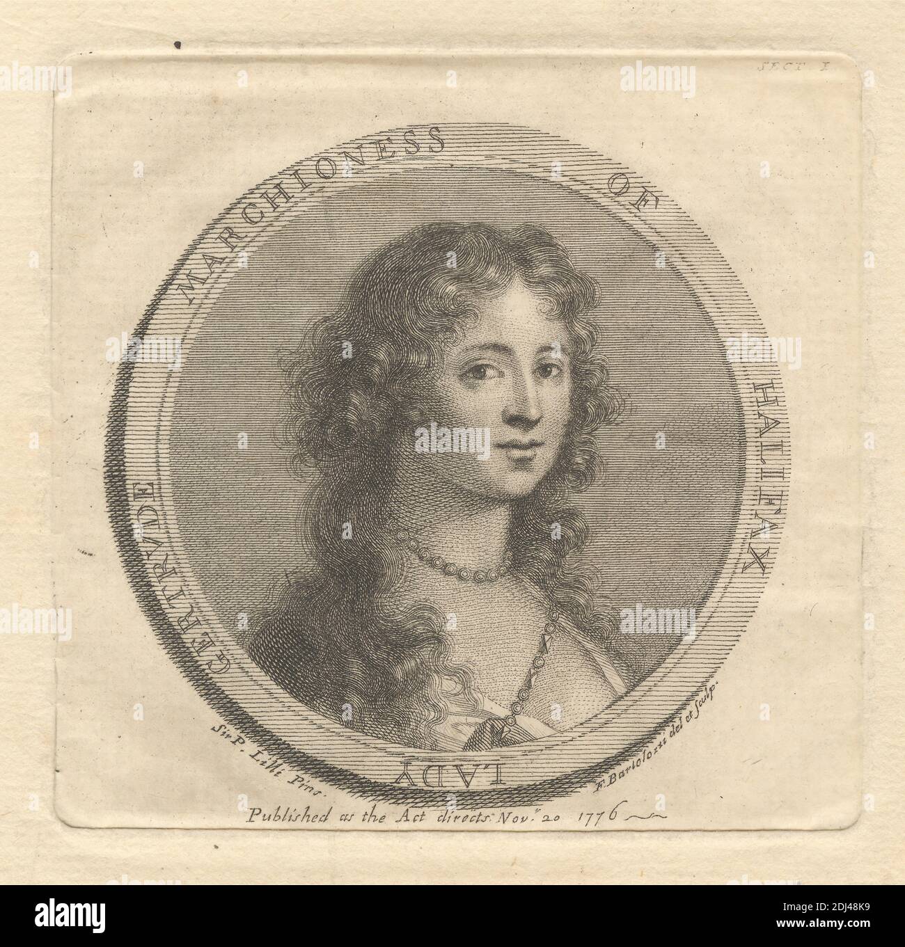 Lady Gertrude, Marchioness of Halifax, Druck von Francesco Bartolozzi RA, 1728–1815, italienisch, tätig in Großbritannien (1764–99), nach Sir Peter Lely, 1618–1680, niederländisch, tätig in England (ab 1643), 1776, Strichgravur und Radierung auf mittlerem, leicht strukturiertem, cremefarbenen Papier, Blatt: 6 x 5 5/8 Zoll (15.2 x 14.3 cm), Platte: 3 3/8 x 3 5/8 Zoll (8.6 x 9.2 cm), und Bild: 3 x 3 Zoll (7.6 x 7.6 cm), Kreis (flache Figur), Dame, marchioness, Halskette, Perlen, Porträt, Frau Stockfoto