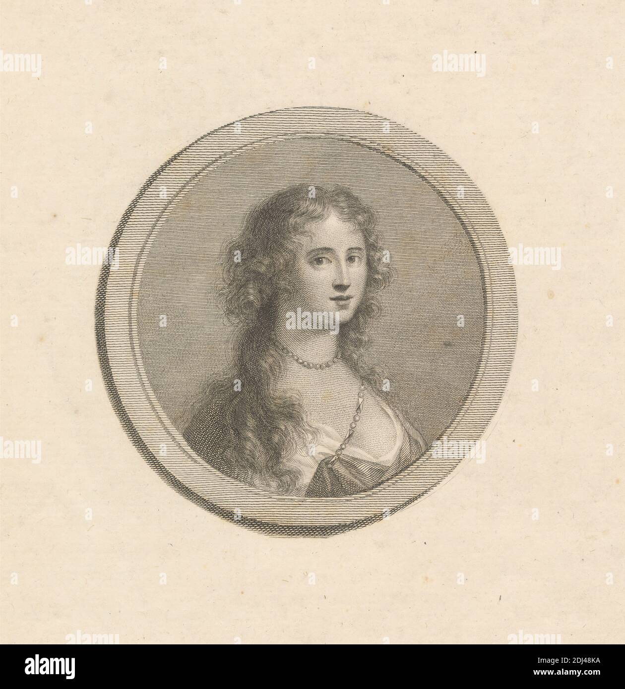 Lady Gertrude, Marchioness of Halifax, Druck von Francesco Bartolozzi RA, 1728–1815, italienisch, tätig in Großbritannien (1764–99), nach Sir Peter Lely, 1618–1680, niederländisch, tätig in England (ab 1643), undatiert, Strichgravur mit Radierung auf mittlerem, glattem, cremefarbenen Papier, Blatt: 6 7/8 x 6 1/4 Zoll (17.5 x 15.9 cm) und Bild: 3 7/8 x 3 5/8 Zoll (9.8 x 9.2 cm), Kreis (flache Figur), Dame, marchioness, Halskette, Perlen, Porträt, Frau Stockfoto