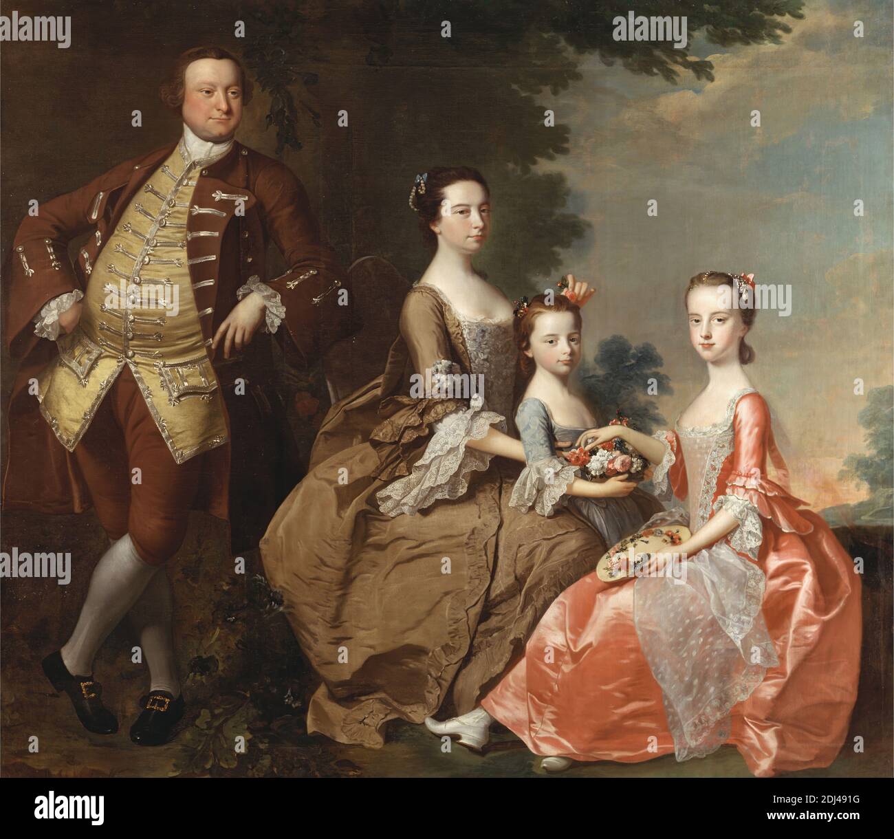 The Thistlethwayte Family, Thomas Hudson, 1701–1779, britisch, Blumenkorb und einige der Draperien von Joseph Wright of Derby, 1734–1797, britisch, in Italien tätig (1773–75), ca. 1758, Öl auf Leinwand, Unterstützung (PTG): 73 1/4 x 84 1/2 Zoll (186.1 x 214.6 cm), Korb, Stuhl, Kostüm, Kostüm, Töchter, Familie, Blumen (Pflanzen), Haare, Mann, Porträt, Frau Stockfoto