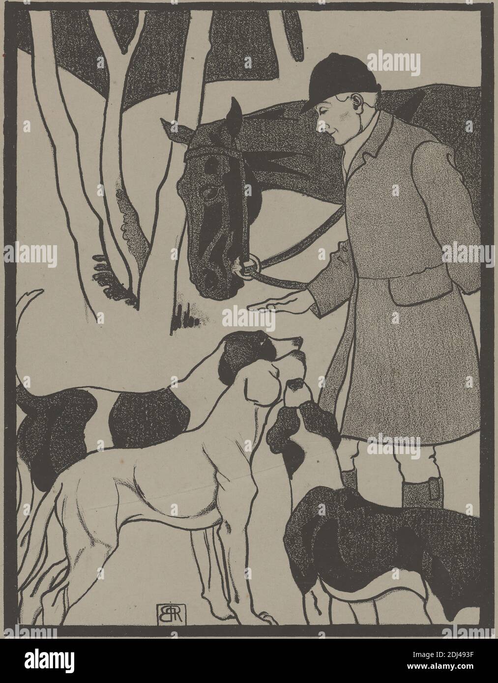 Huntsman and Hounds, Druck von Robert Polhill Bevan, 1865–1925, British, 1898–1899, Lithographie auf dicker, glatter, grauer Wove-Karte, Blatt: 7/8 x 5/8 cm (7 20.1 x 6 16.8 Zoll), Platte: 11/16 x 7/8 cm (7 19.6 x 5 15 Zoll) und Bild: 7 1/8 x 5 3/16 Zoll (18 x 13.2 cm), Tierkunst, Stiefel, Hosen, Hunde (Tiere), Reiten, Ausrüstung, Pferd (Tier), Hunde (Hunde), Jäger, Jagd, Mann, Reiten, Reitstiefel, Reithelm, Sportkunst, Baum Stockfoto