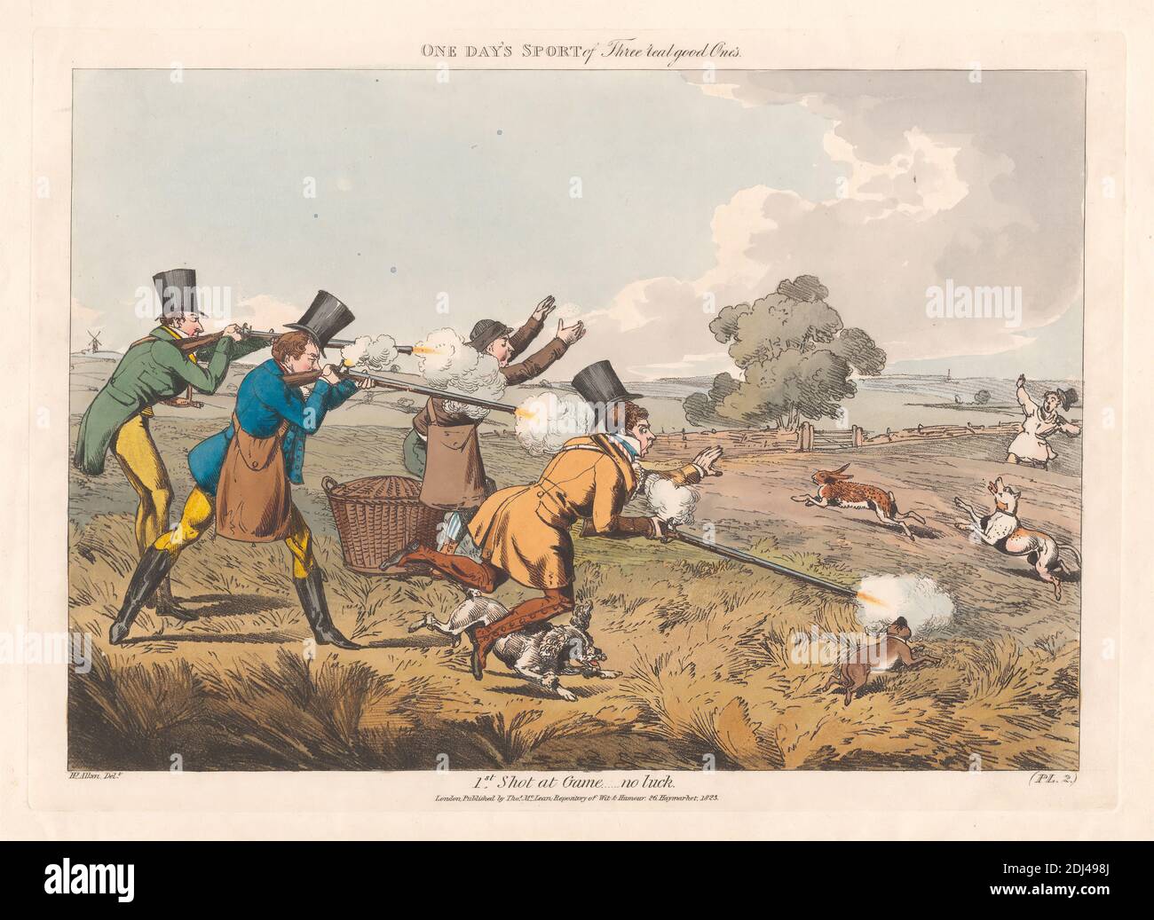 Sechsersatz mit bedruckter Verpackung und Titelseite: Shooting, or One Day's Sport of Three Real Good One's, Henry Thomas Alken, 1785–1851, British, 1823, handkolorierte Radierung auf weichem Grund, Blatt: 9 3/4 x 13 3/4in. (24.8 x 34,9 cm Stockfoto