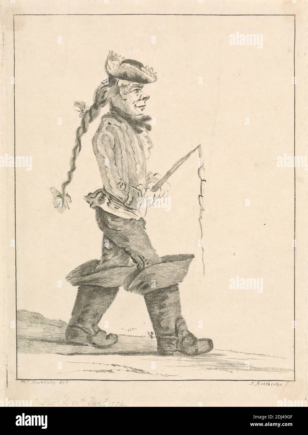 Coaching: 2.Postillion, mit Tricorne Hut und Zopf, nach rechts, James Bretherton, ca. 1730–1806, britisch, nach Henry William Bunbury, 1750–1811, britisch, 1774, Radierung, Blatt: 8 x 6 (20.3 x 15,6 cm Stockfoto